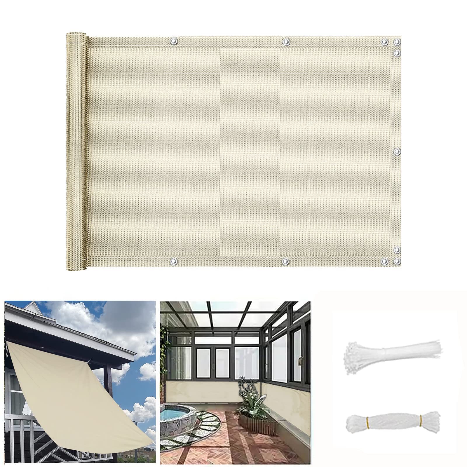 QINGLV Balcony Privacy Protective Screens 90x800cm Privacy Protector For Balcony Terrace Weatherproof Weather-Resistant Garden Privacy Screening For Patio Fence Backyard Porch -Beige