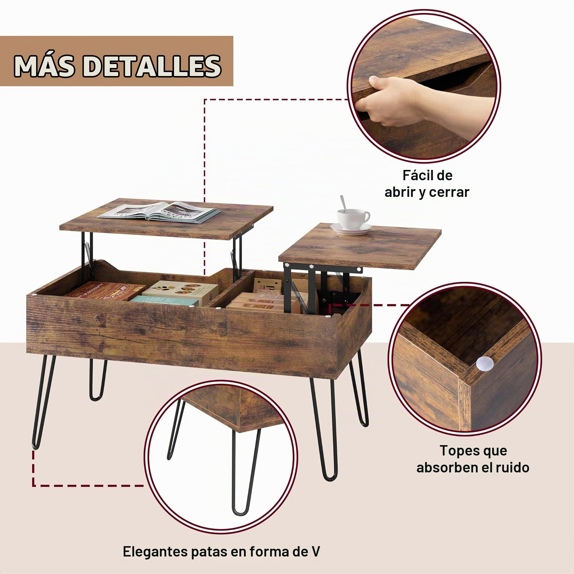 WOLTU Mesa de Centro Elevable y Extensible, Mesita Salón con Espacio Interno, Sofá Auxiliar con Patas Metálicas, Marrón Vintage, BTS14shm