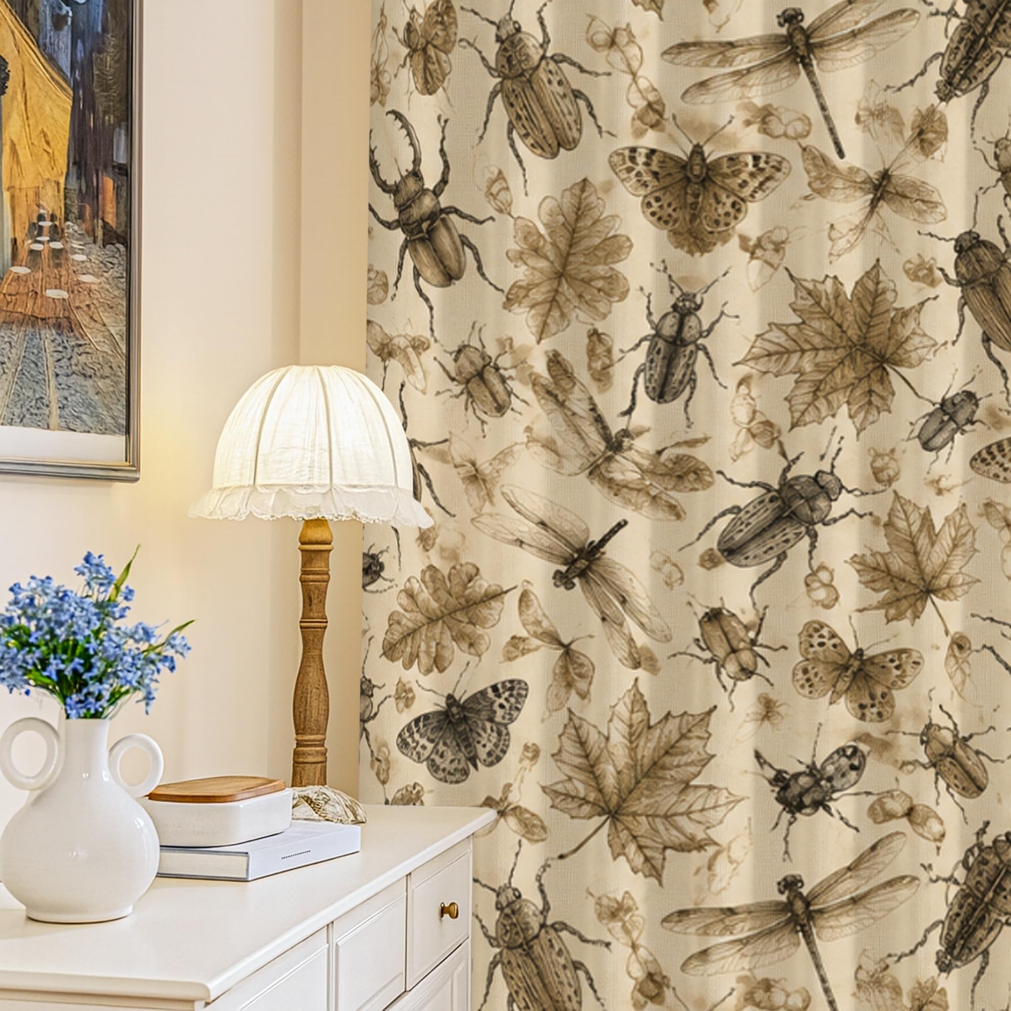 Rideaux occultants motif feuilles papillons beige lavable en machine salon