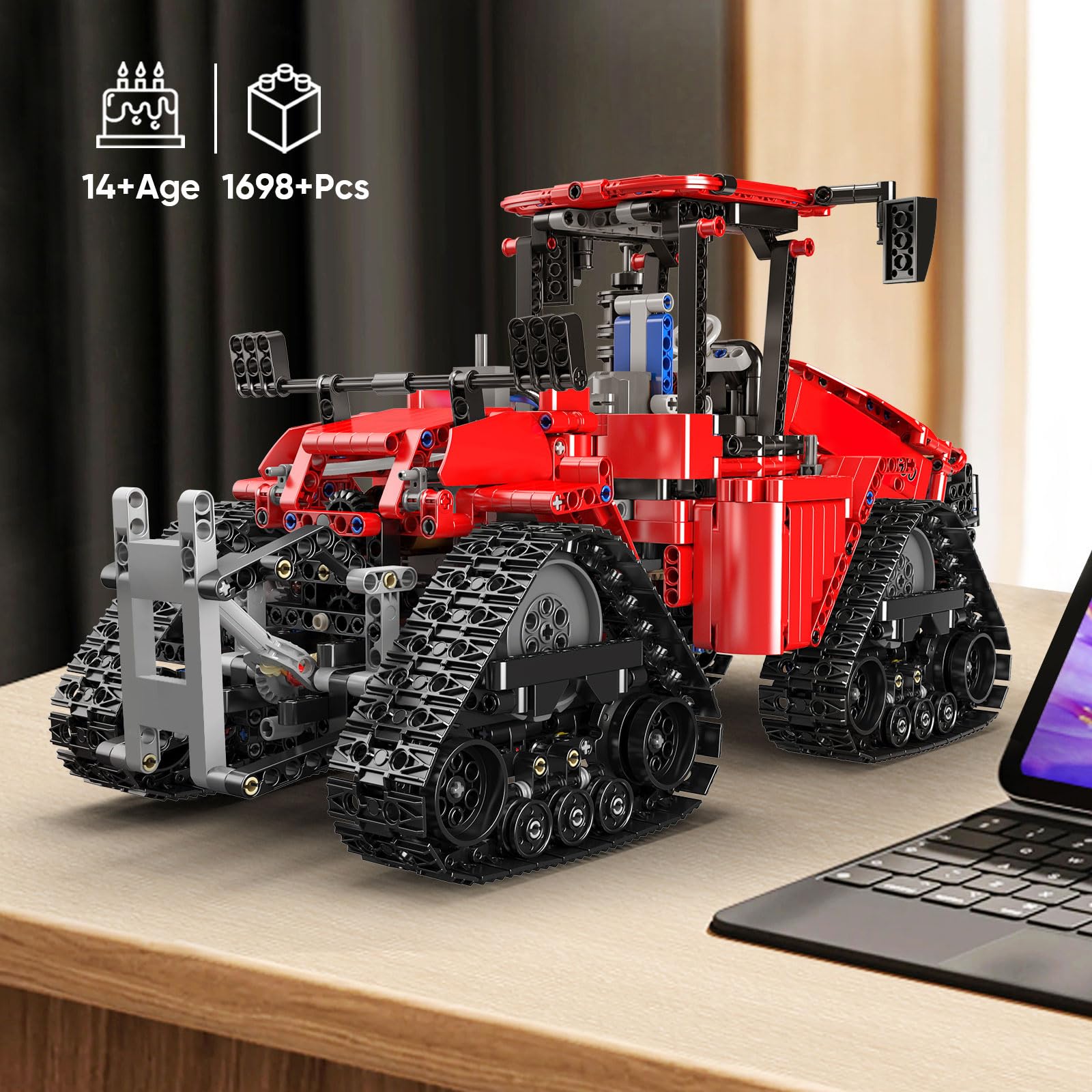 Mould King 18020 - Trattore radiocomandato MOC, trattore elettrico a catena con 4 motori, set di modellini STEM, adatto per la tecnologia degli amanti delle macchine agricole (1698 pezzi), rosso