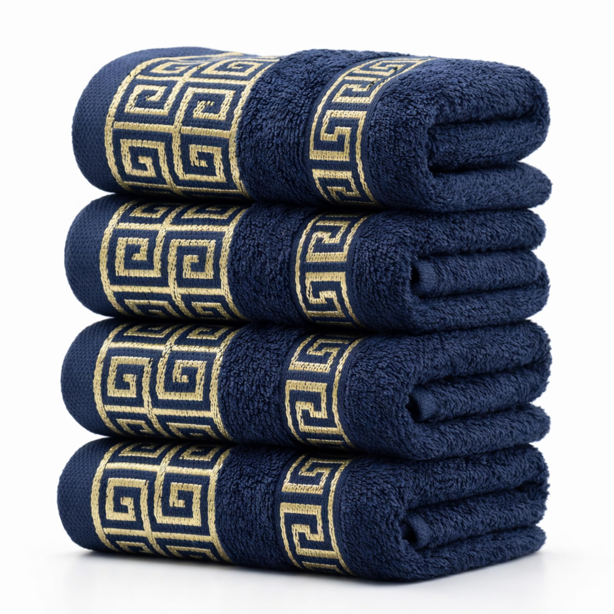 Photo 1 of 4 Piece WashCloth Set with Greek Key Design - 100% Cotton Soft & Absorbent Bathroom 12x19 in Small Towels - Soft Face Towels, Quick Dry Navy Blue Wash Cloth for Spa, Hotel & Home Use CC4