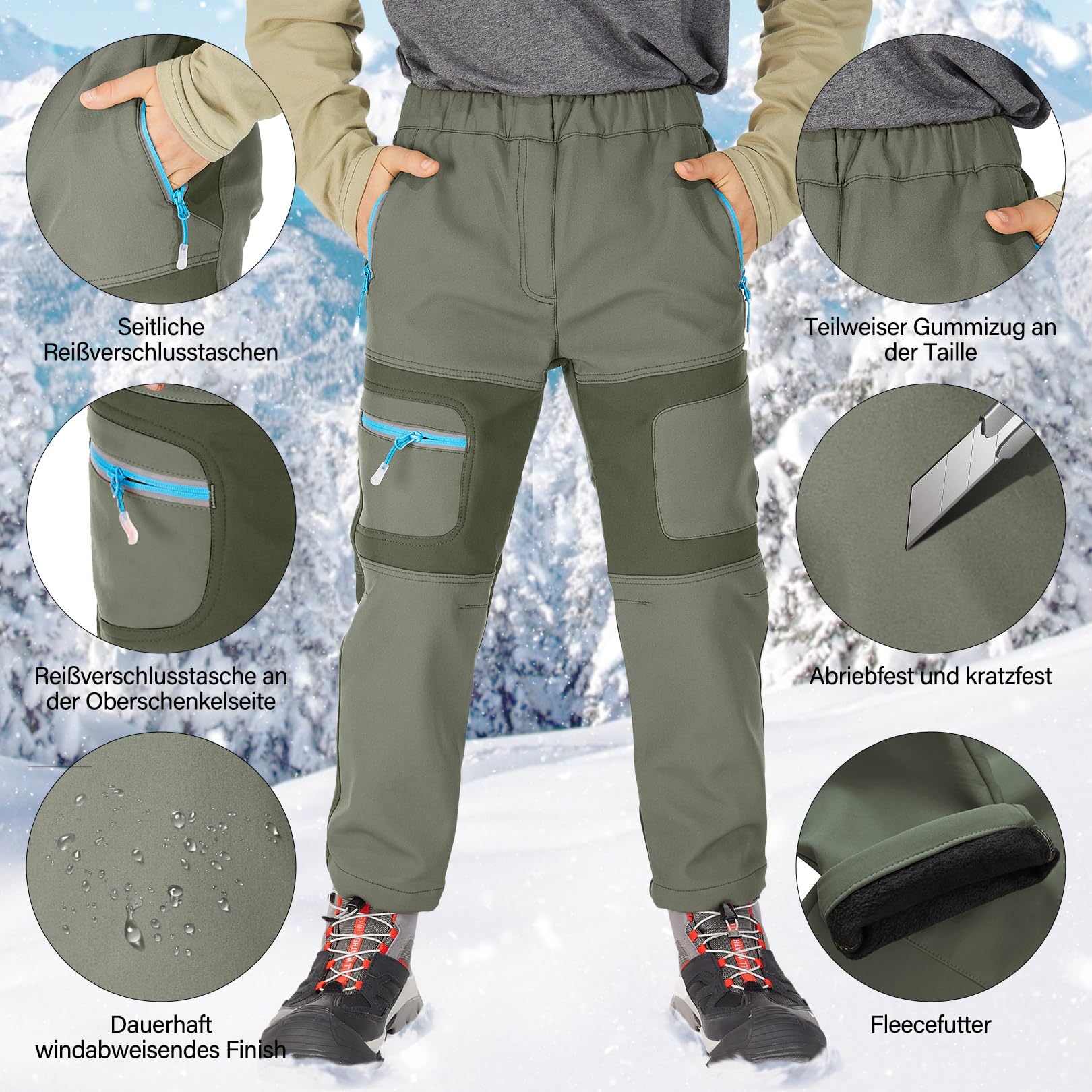 Kinder Softshellhose gefüttert Skihose wasserdicht Thermohose Wanderhose Trekkinghose Schneehose Winter Outdoorhose Cargohose für Jungen und Mädchen