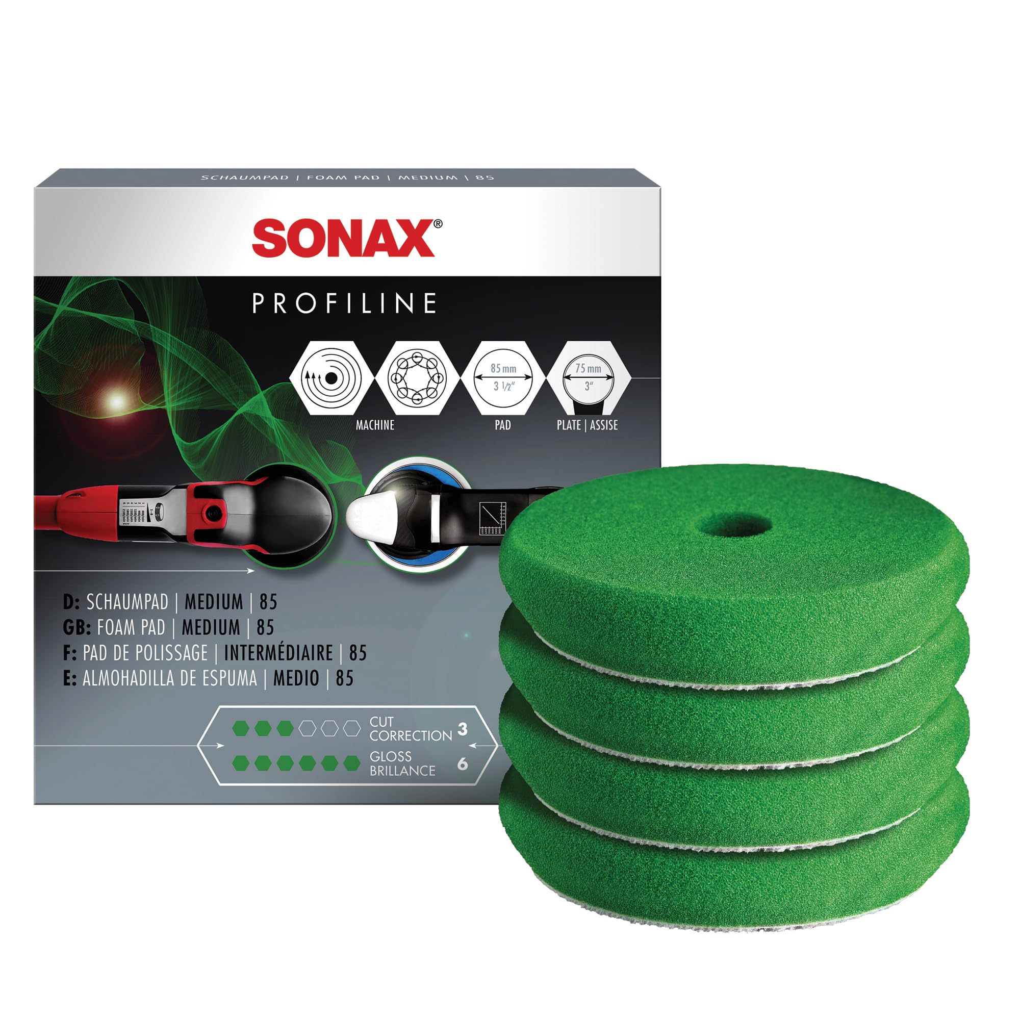 SONAX SchaumPad medium 85 (4 pieces) medium-hard, open-pored sponge for machine polishing of varnishes, item no. 04942410