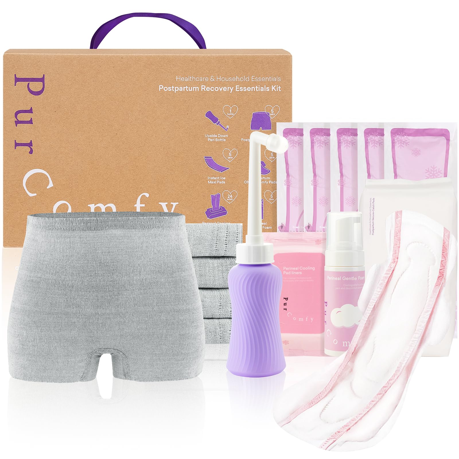 Sponsored Ad - 18 Pcs Postpartum Essentials Recovery Kit, Includes 5 Disposable Underwear, 24 Perineal Pad Liners, Perineal Care Foam, 5 Instant Ice Pads, Peri Bottle and 5 Postpartum Pads