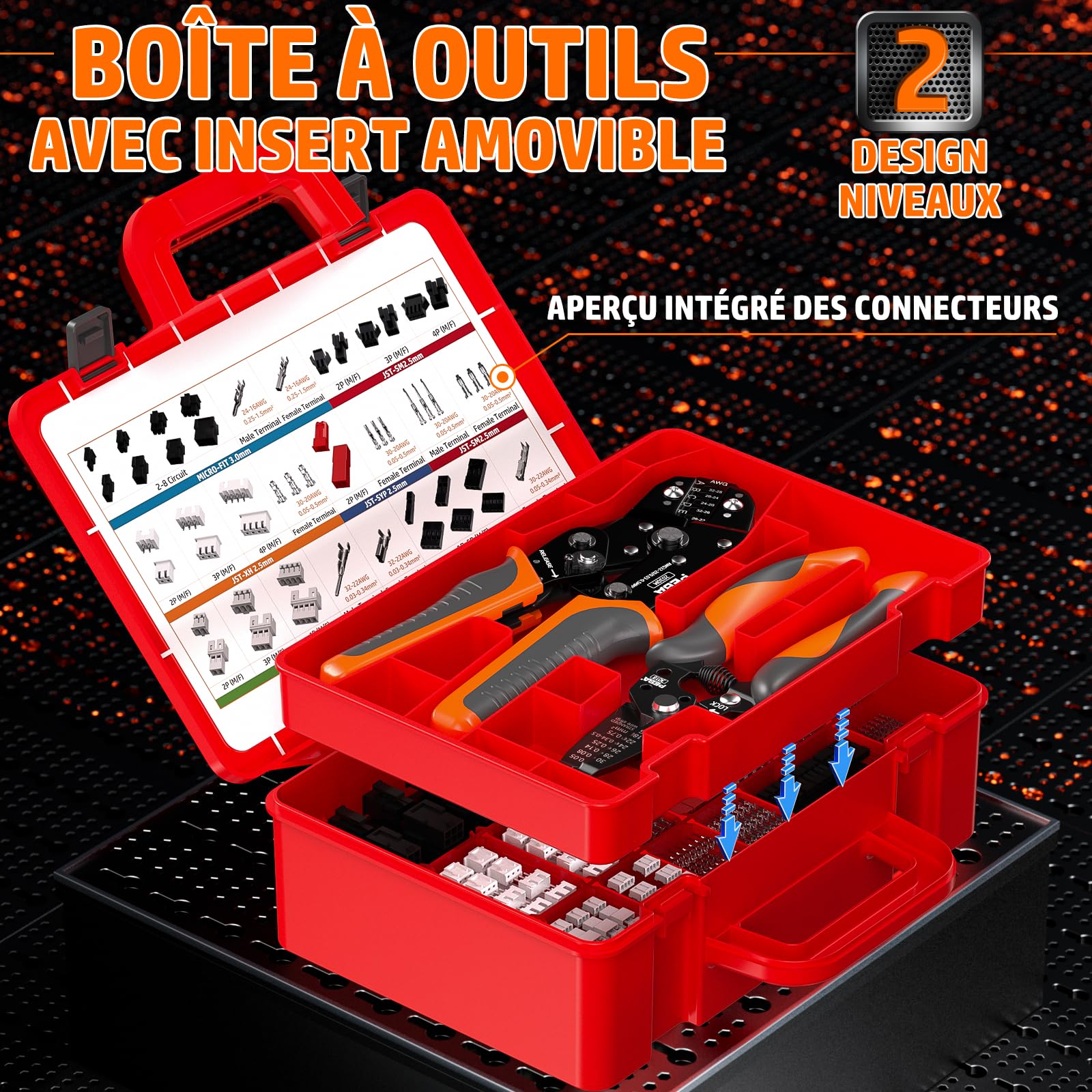PEBA Kit de micro connecteurs avec pince à sertir à cliquet - Micro-Fit 3.0, Dupont 2,54 mm et JST-PH/XH/SM/SYP, 45 types de connecteurs, 0,03-1,5 mm² avec pince à dénuder