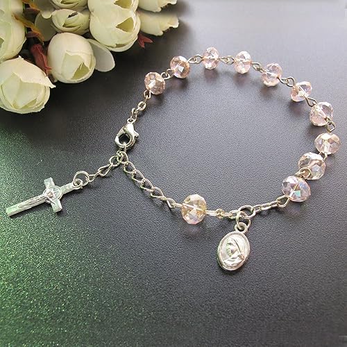 Miniatura 3 de Pulsera Rosarios de Primera Comunión Rosa (12 PCS) - Pulsera de cristal con dije de cáliz/Recuerdos para Primera Comunión Rosarios/Niña Niña