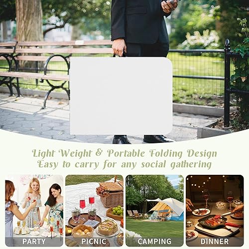 Miniatura 4 de Fivenl Paquete de 2 mesas plegables de 6 pies, mesa plegable blanca, plegable por la mitad con asa de transporte, mesa rectangular de plástico