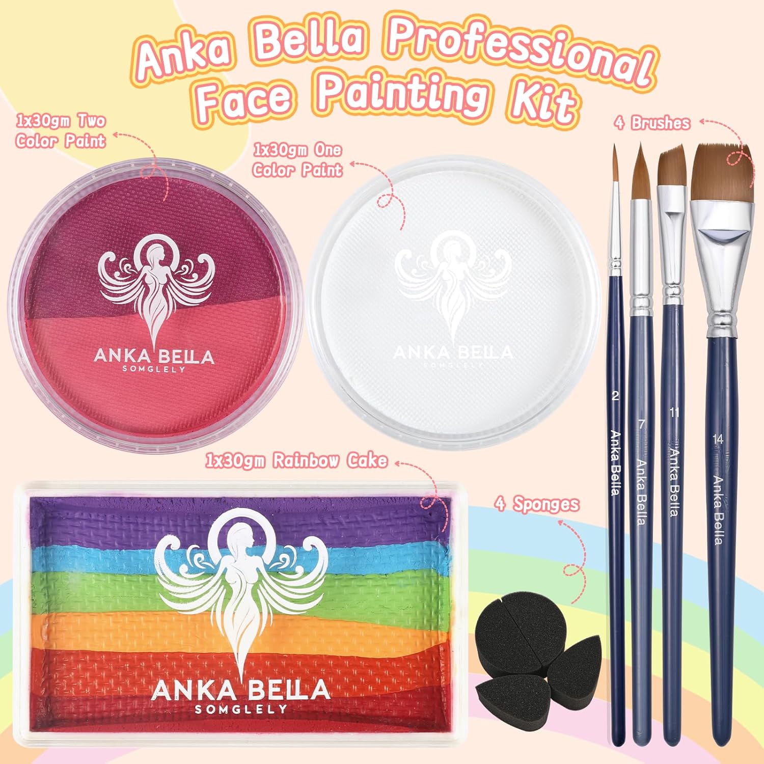 Anka Bella Professional Washable Face Paint,Non-Toxic Water Activated Face Painting Kit,Fast Drying,Gift for Birthday Parties/Halloween/Carnival(Colorful Rainbow set) - Image 5