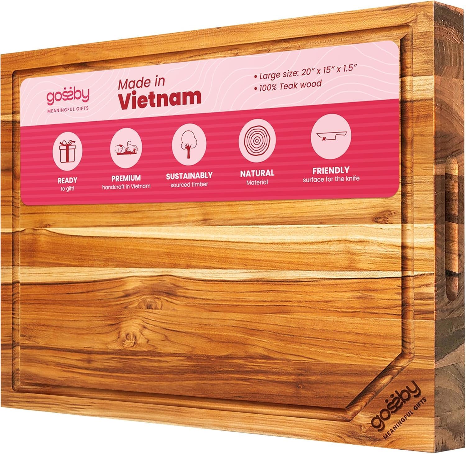 Gossby Edge-Grain Teak Cutting Board, 20 x 15 x 1.5 in - Premium, Handcrafted in Vietnam, Balanced Design for Home Cooks & Chefs, Easy to Clean, Knife-Friendly Surface, Charcuterie & Serving Board