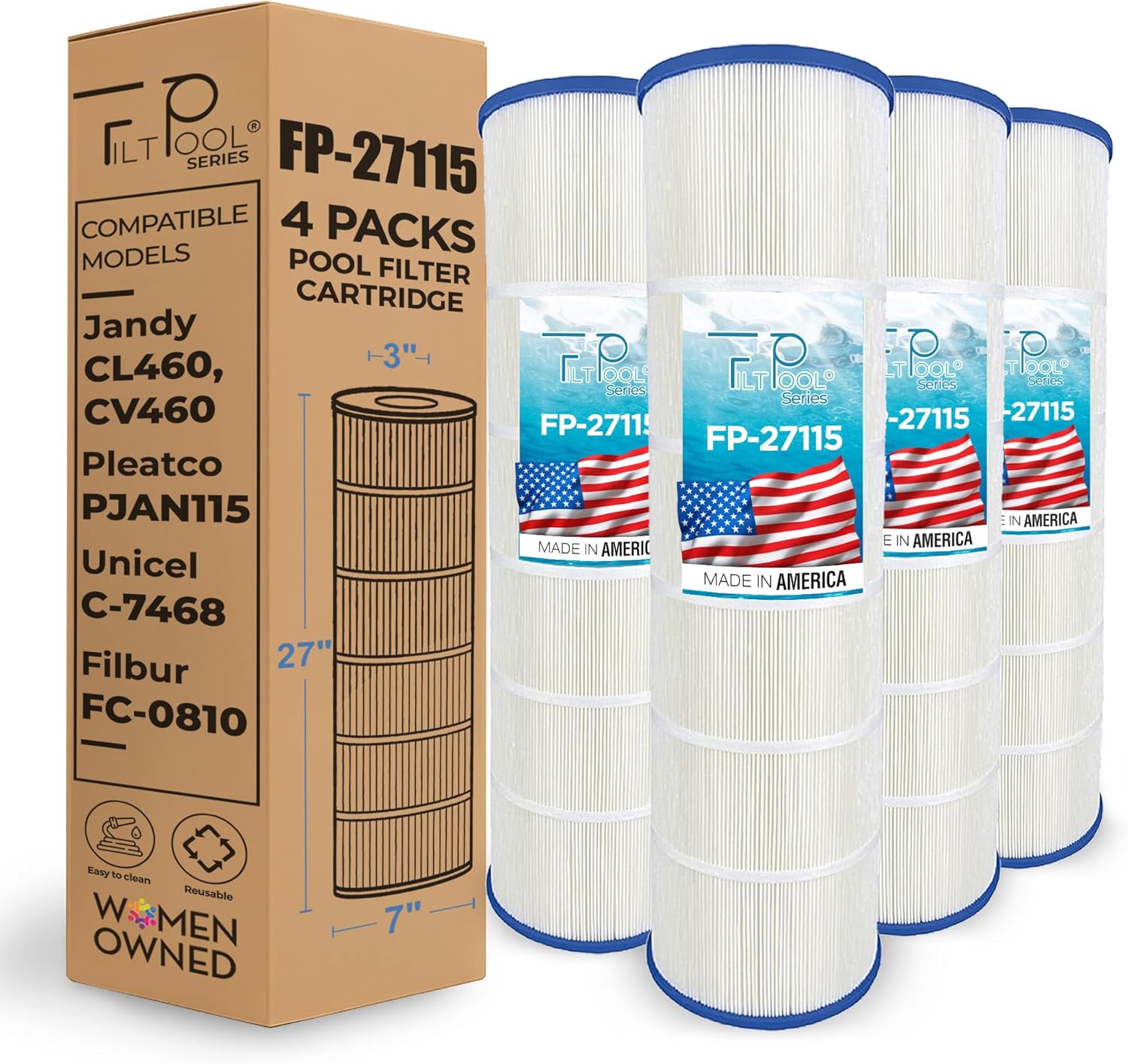 FP-27115 - Pool Filter Cartridge 4-Pack for Jandy CL460 / CV460 | Replaces R0554600 PJAN115 | High Flow, Long Lasting Filtration