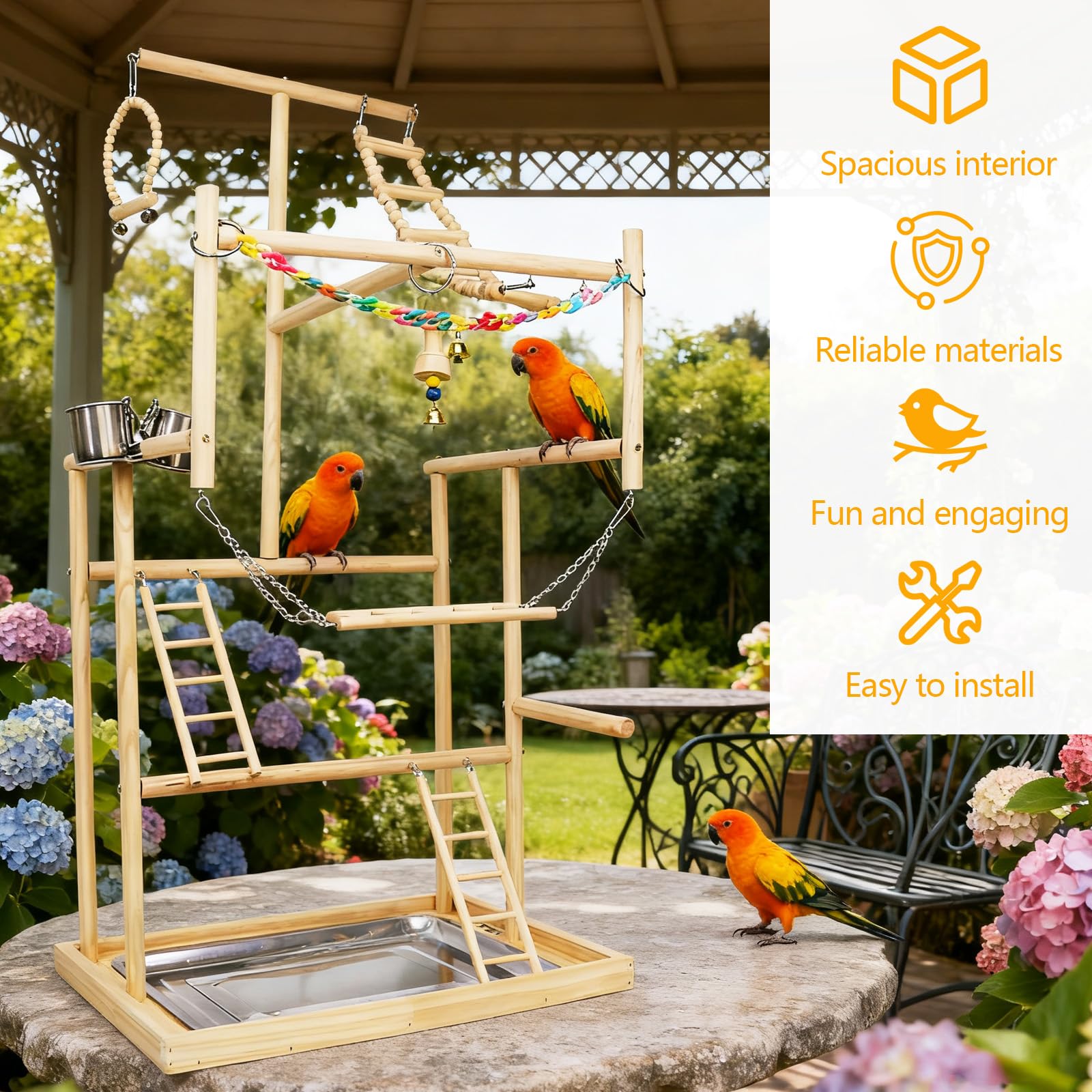 Parco Giochi per Uccelli 48 x 35 x 95 cm Legno a 4 Strati Tazze Acciaio Inossidabile Catena Plastica Colorata Vassoio Metallo Rimovibile