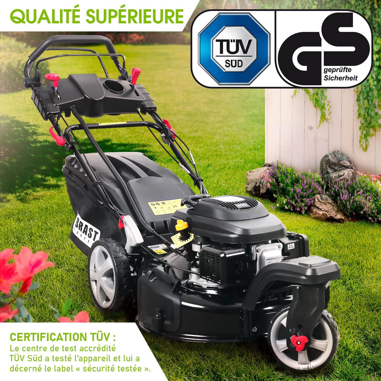 BRAST tondeuse thermique 3 roues TRIKE E-START 224cc 53cm tractée démarrage électrique mulching 4en1 capot en tôle en acier 60l - moteur 4 temps de la marque française GT reglable