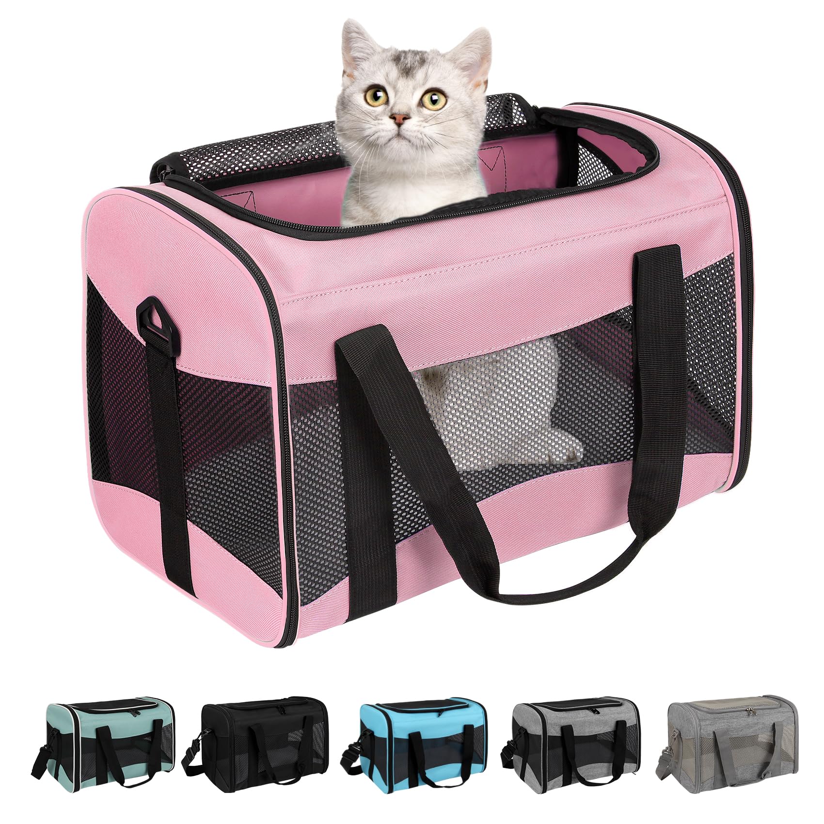 Cat Carrying Case - Pet Carrier Airline Approved, Protable and Breathable Pet Travel Carrier Removable Fleece Pad, Collapsible Cat Carrier Dog Carrier for Medium Cats Small Cats Dogs (Medium, Pink)