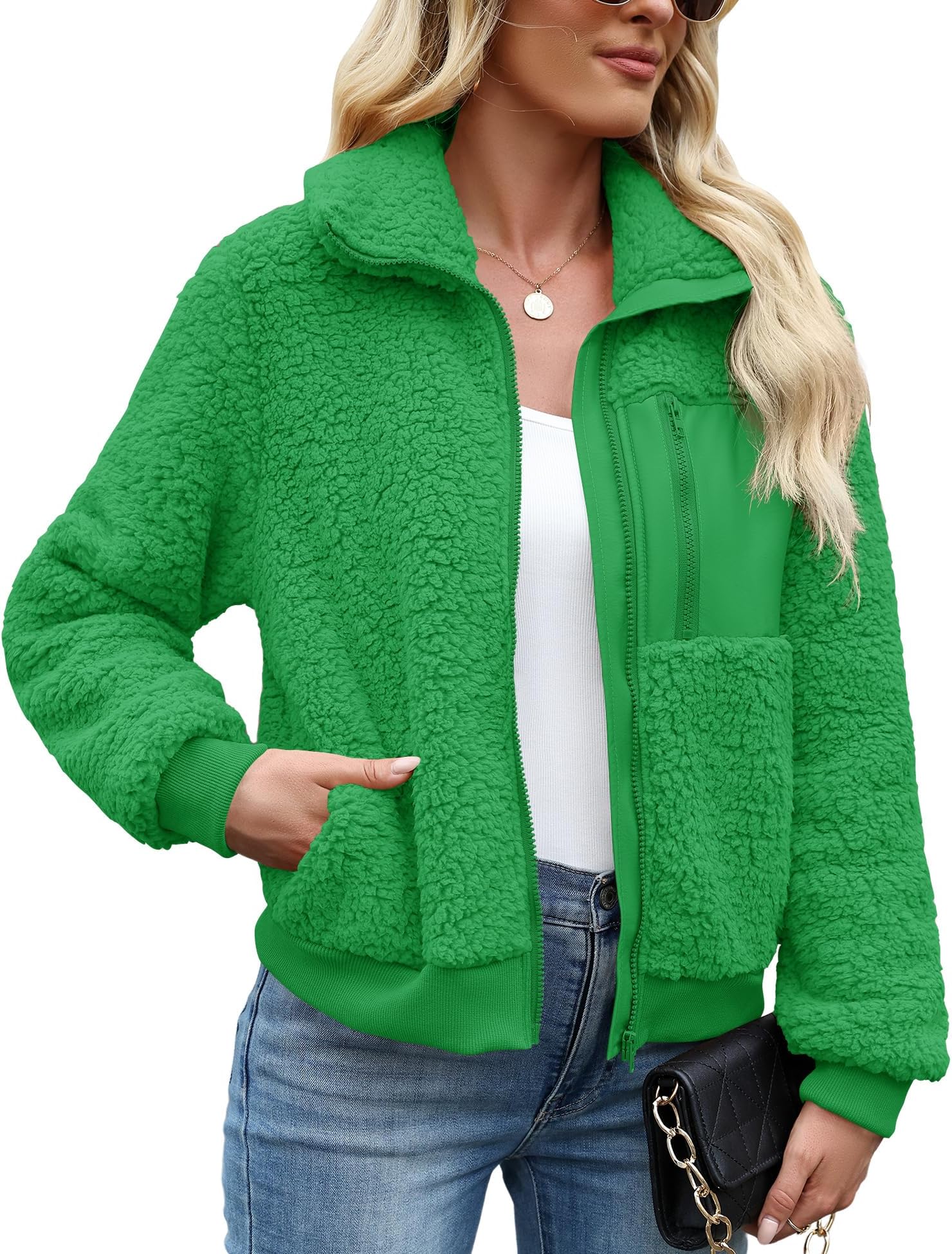 Women's Sherpa Fleece Jacket Casual Lapel Fuzzy Faux Shearling Zipper Coats Loose Fit Warm Winter Outwear
