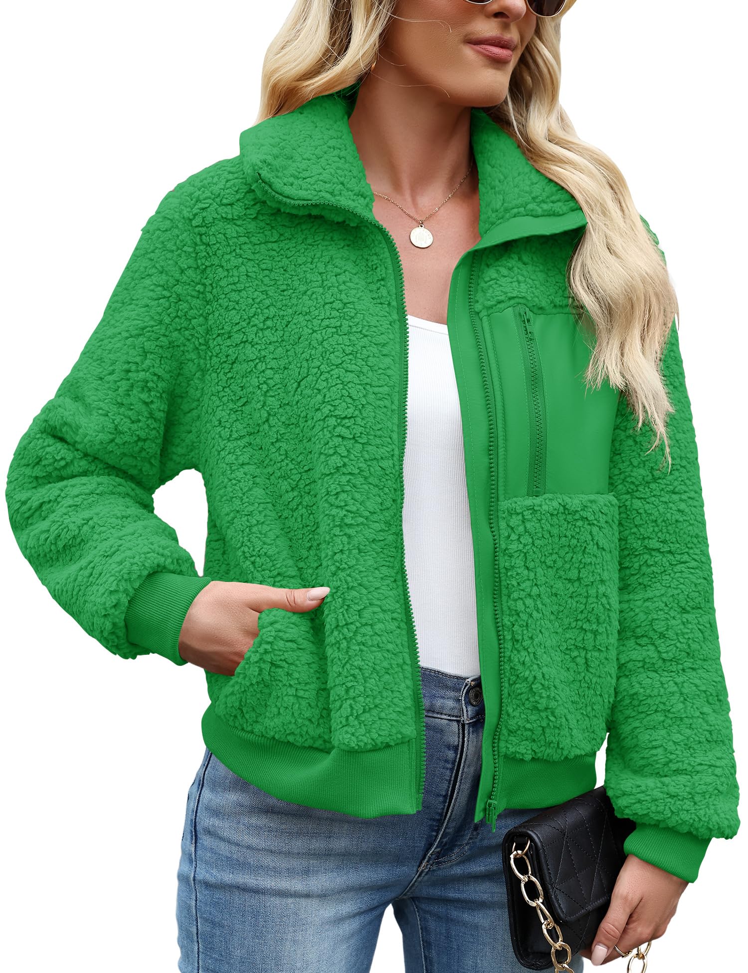 Women's Sherpa Fleece Jacket Casual Lapel Fuzzy Faux Shearling Zipper Coats Loose Fit Warm Winter Outwear