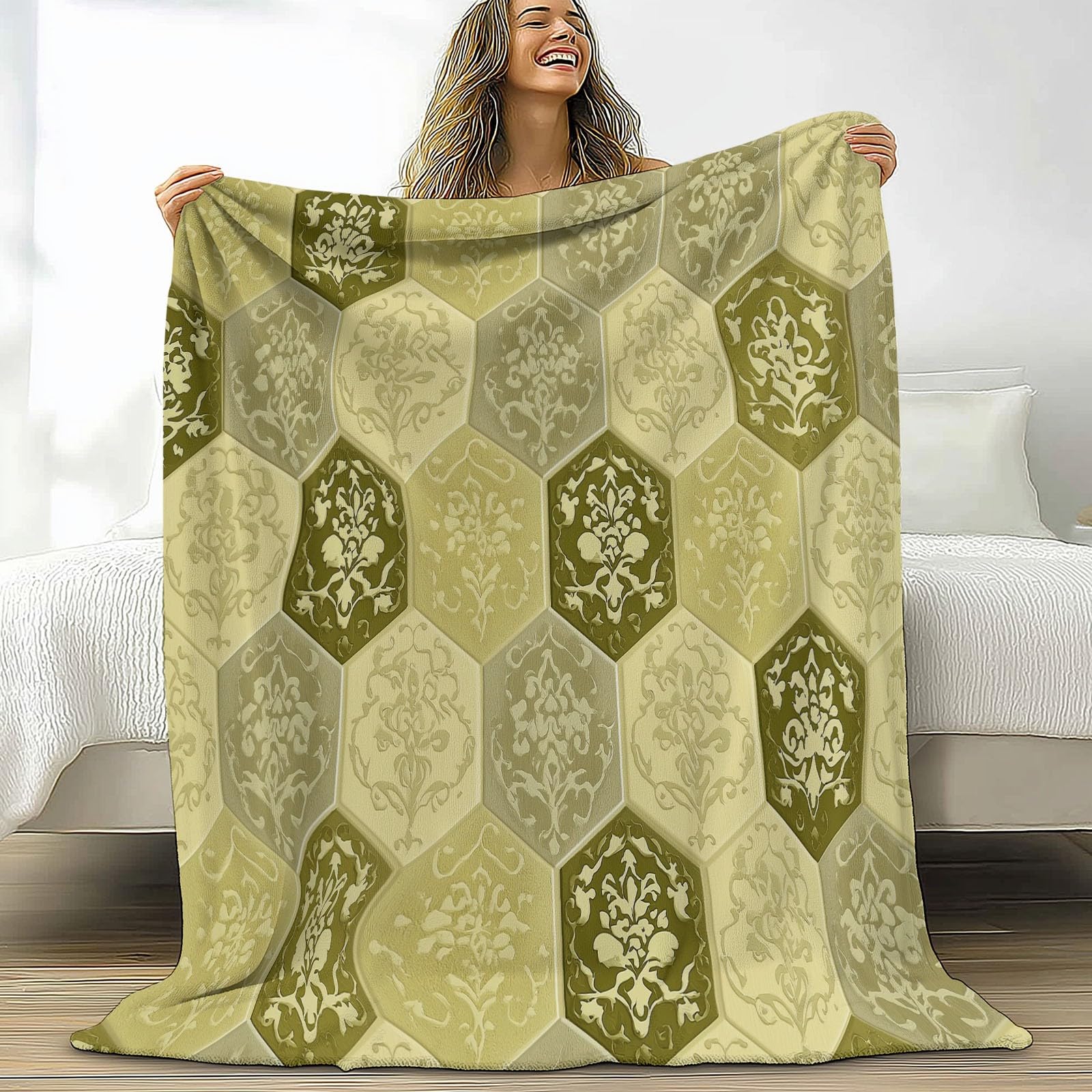 Manta Franela para Cama 220 x 240 cm, Suave Cálida Hexágono Geométrico Satinado Manta Invierno Calentitas Transpirable Ligera Estilo Retro para Adulto Infantil Mujer Hombre