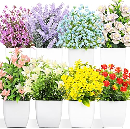 LELEE Plantas artificiales en maceta, 8 piezas pequeñas de eucalipto en maceta de hierba decorativa con maceta negra para decoración del hogar,