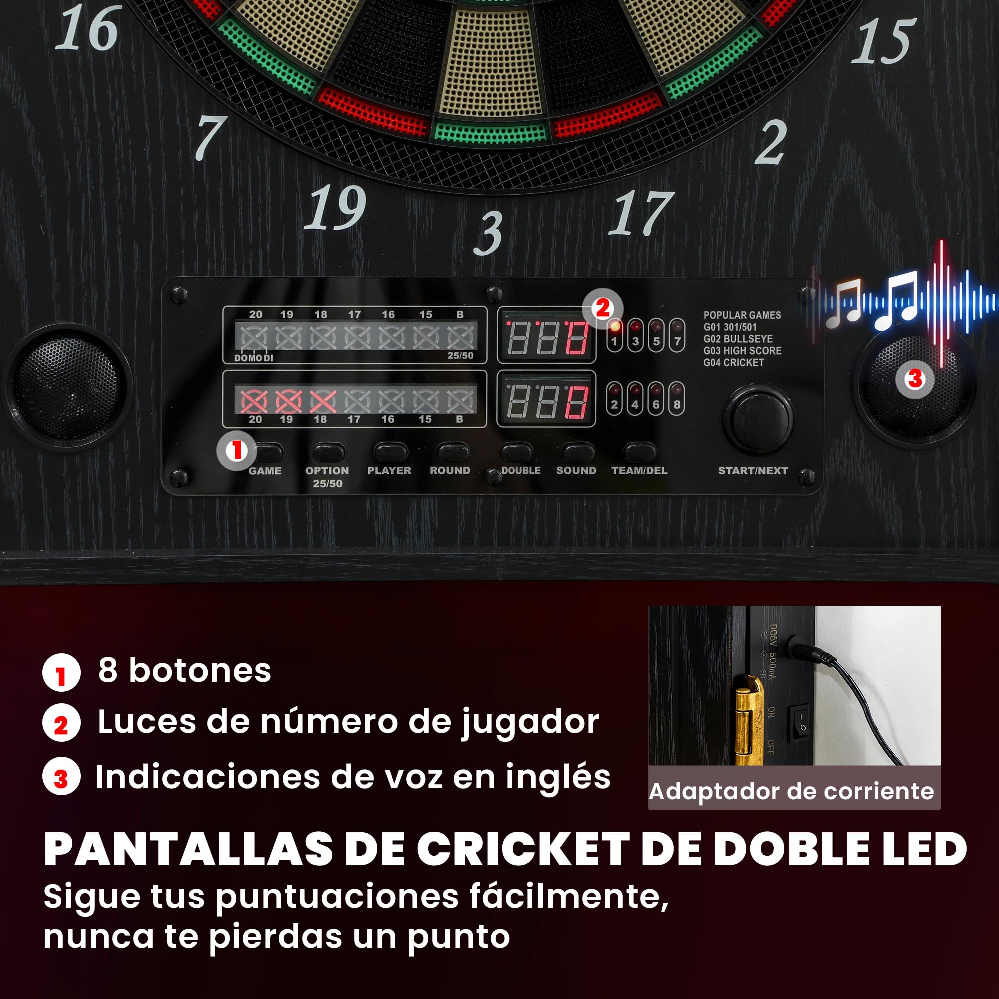 SPORTNOW Diana Electrónica con 6 Dardos de Punta Blanda y 24 Puntas de Repuesto 2 Pantallas LED Avisos de Voz hasta 8 Jugadores Diana de Dardos de Pared con 25 Juegos 202 Variaciones Puertas de Madera