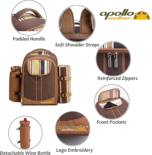 Miniatura 56 de apollo walker Mochila de picnic para 2 personas con compartimento refrigerador, soporte desmontable para botellas/vino, manta de vellón, platos