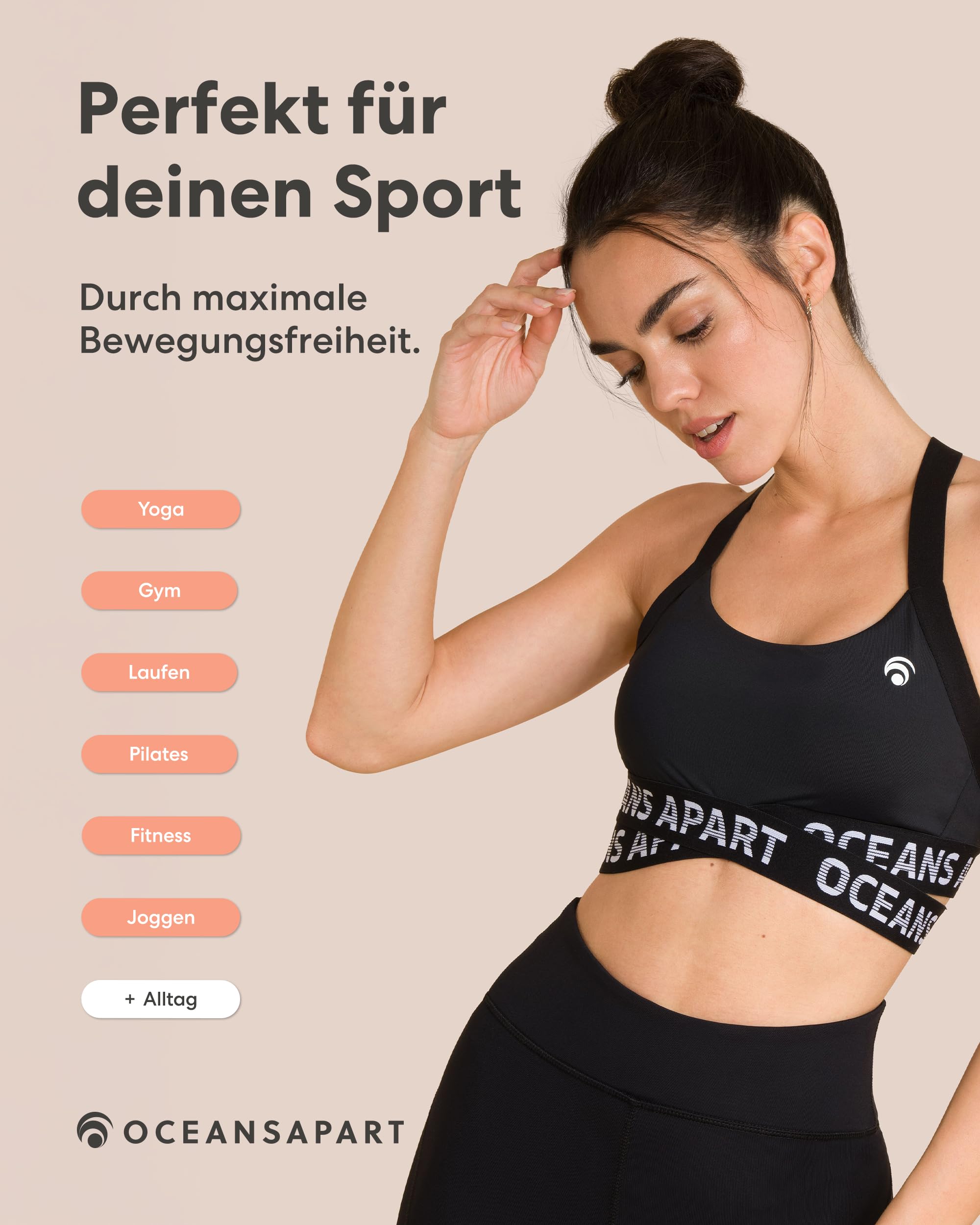OCEANSAPART Beauty Bra Sport BH Damen ohne Bügel - Sportoberteil für Yoga & Alltag mit mittlerem Halt, herausnehmbaren Cups, Racerback und schnelltrocknendem Stretchmaterial