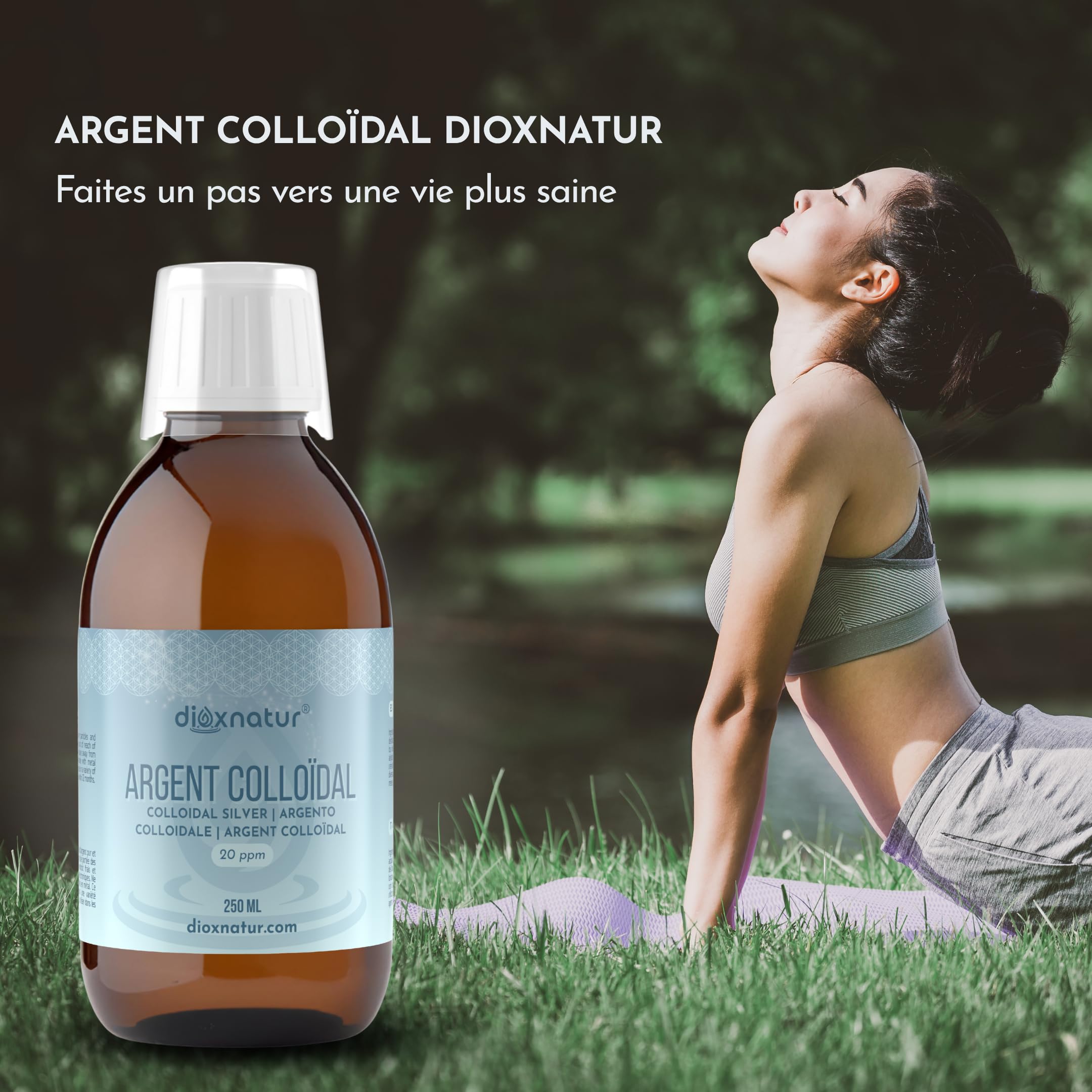 Argent colloïdal 20 ppm 250 ml DIOXNATUR® | Colloidal Silver Pure avec spray et verre compteur inclus | Bouteille en verre ambré | 100% naturel | Concentration optimale