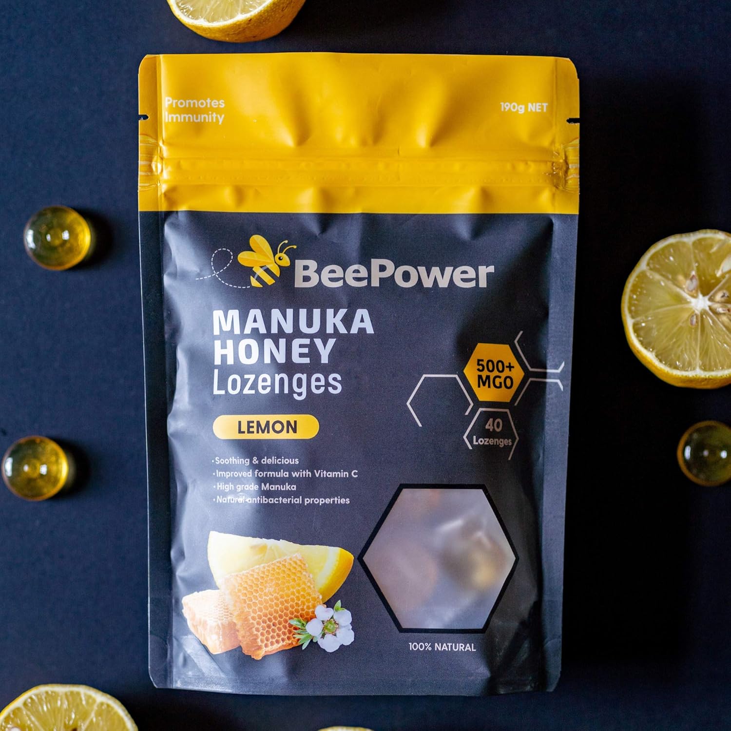 Bee Power Manuka Honey Lozenges | MGO 500+ Honey Cough Drops for Soothing Dry, Sore Throat | Contains 40 Lozenges Lemon Flavor | 6.7 Oz