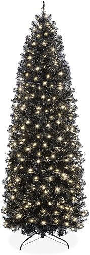 Best Choice Products Árbol de Navidad de lápiz negro preiluminado de 7.5 pies, árbol de vacaciones delgado artificial delgado para el hogar,