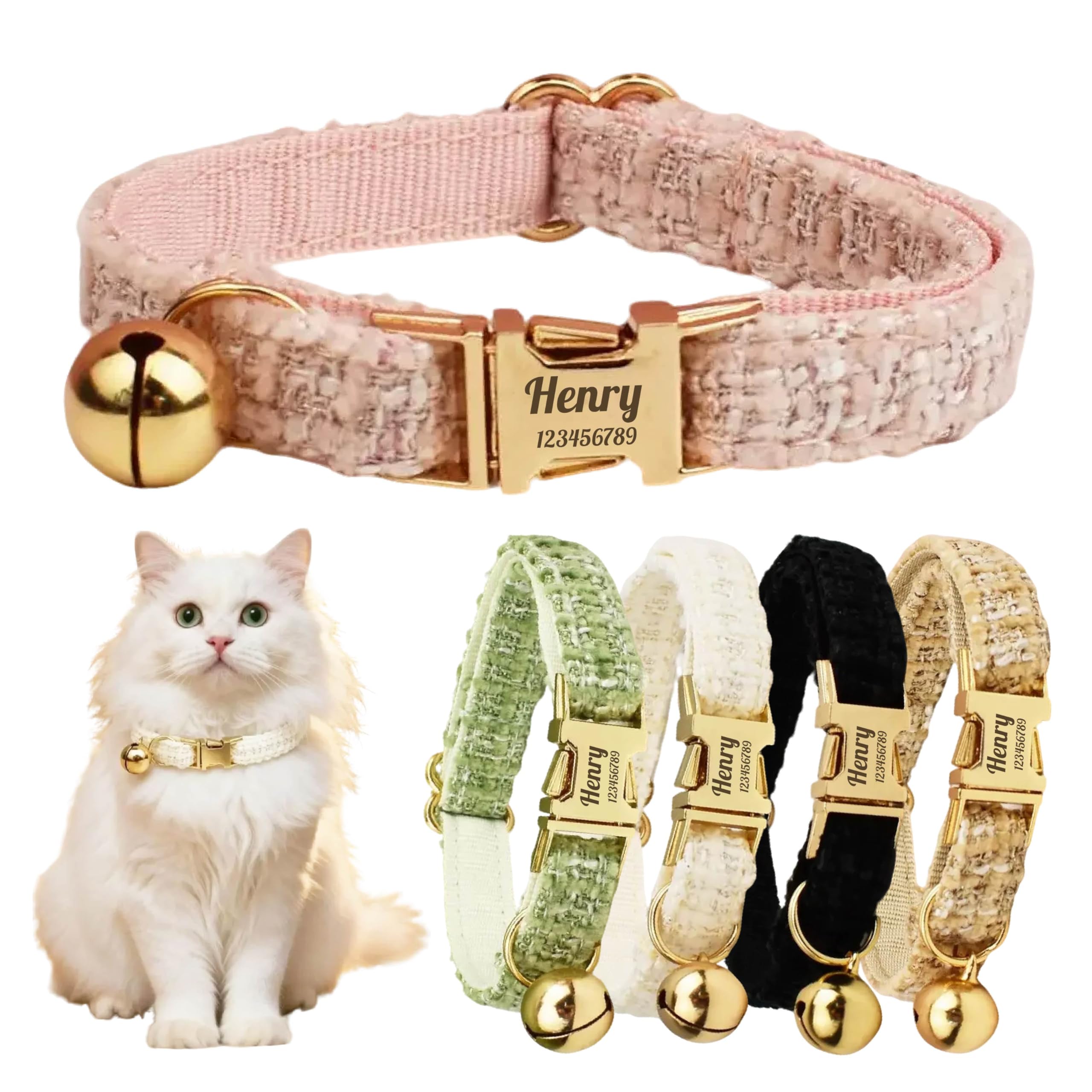 Personalised Cat Collar with Safety Clasp and Bells, Choker for Cats with Name Plate and Phone Number, Adjustable, Velvet, Available