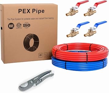 EFIELD Pex-b Pipe/Tubing Blue & Red 3/4 inch 2 x100 ft 200 ft Length and 4 Pcs 3/4" Barb Pex Shut Off Ball Valves for Potable Water-for Hot/Cold Water, With Pipe Cutter,AB-4