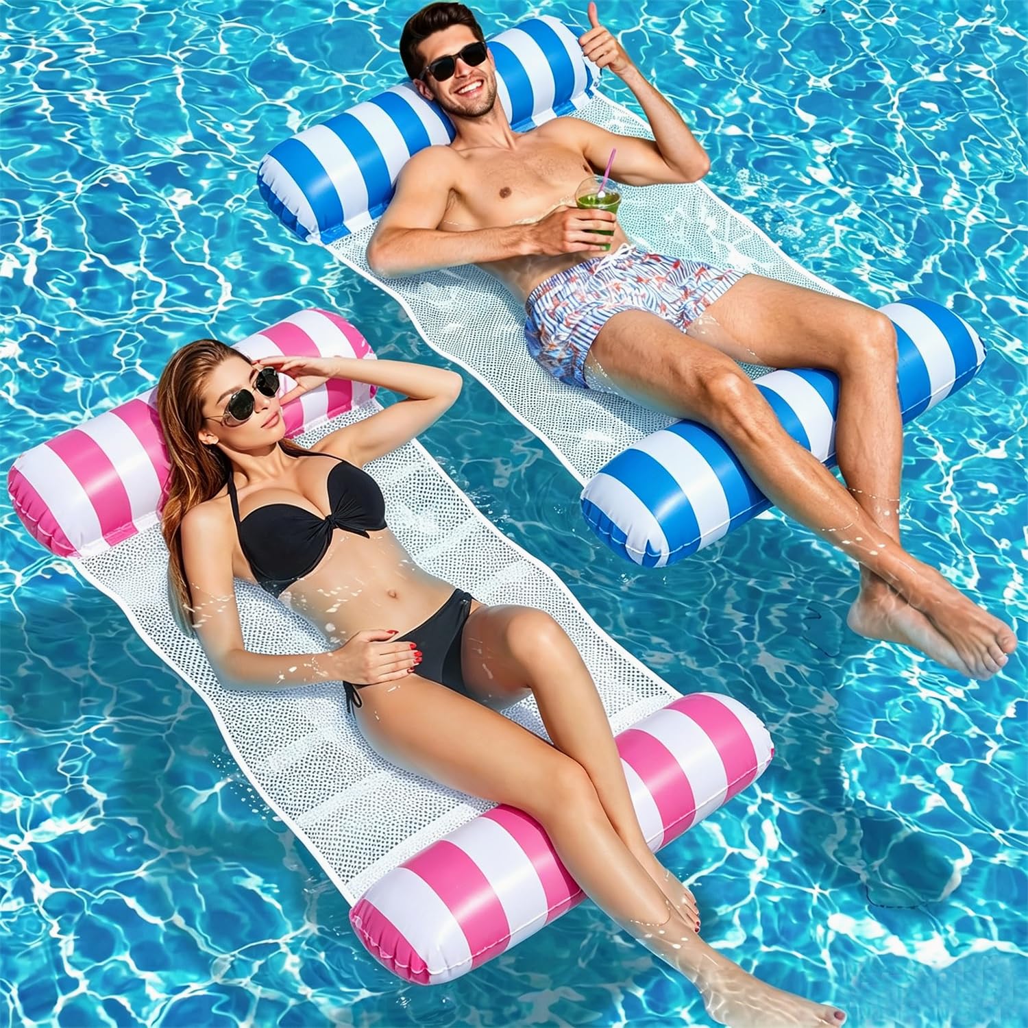 Pool Floats Adult, 2 Pack Swimming Pool Float Hammock, Pool Inflatables for Adults, Blue and Pink 4-in-1 Water Hammock Inflatable Floating Chair Bed for Pool Lake Beach — image 1