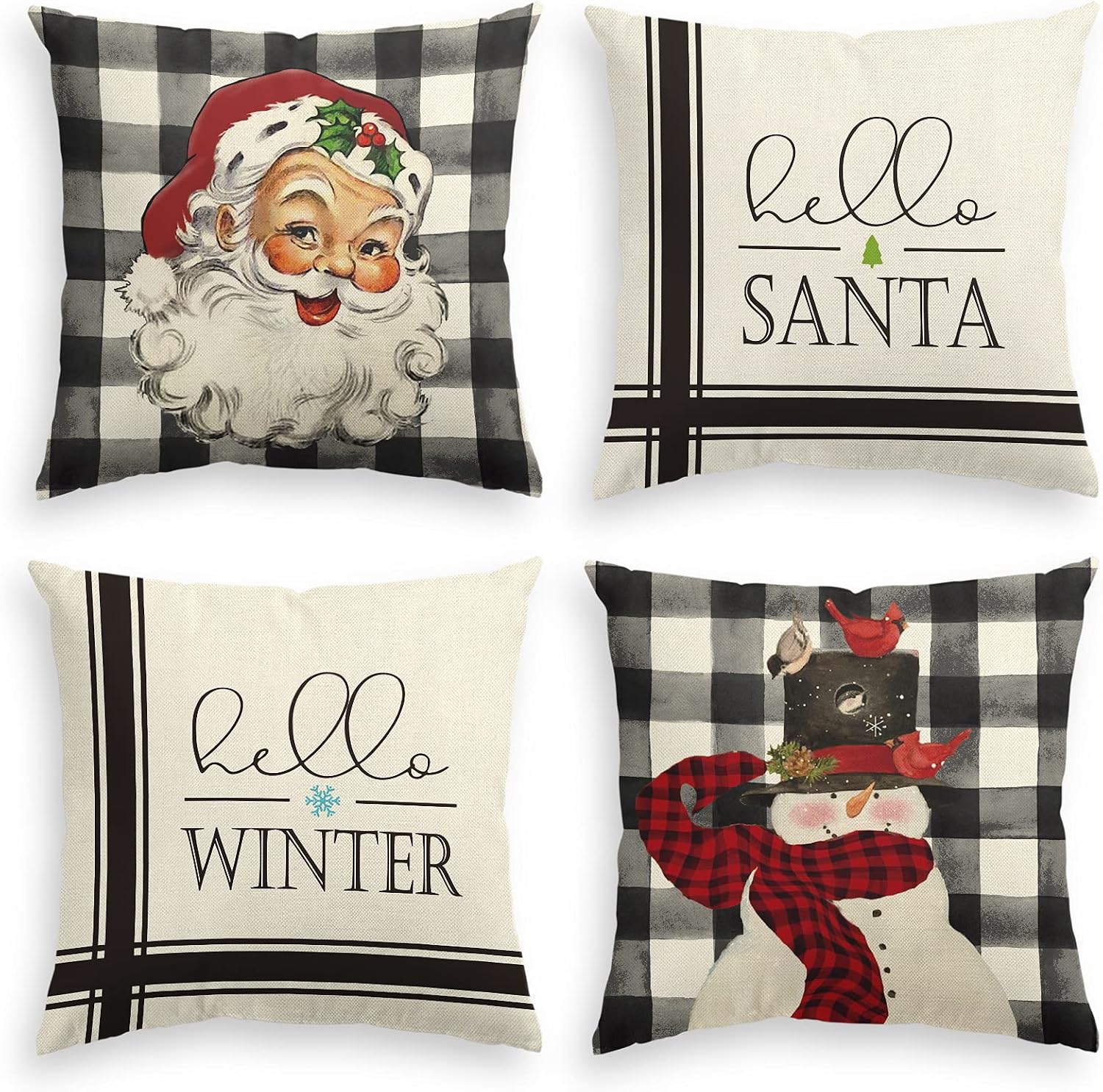 AVOIN colorlife Christmas Watercolor Buffalo Plaid Santa Snowman Throw Pillow Cover, 18 x 18 Inch Winter Cardinal Holiday Cushion Case Decoration for Sofa Couch Set of 4