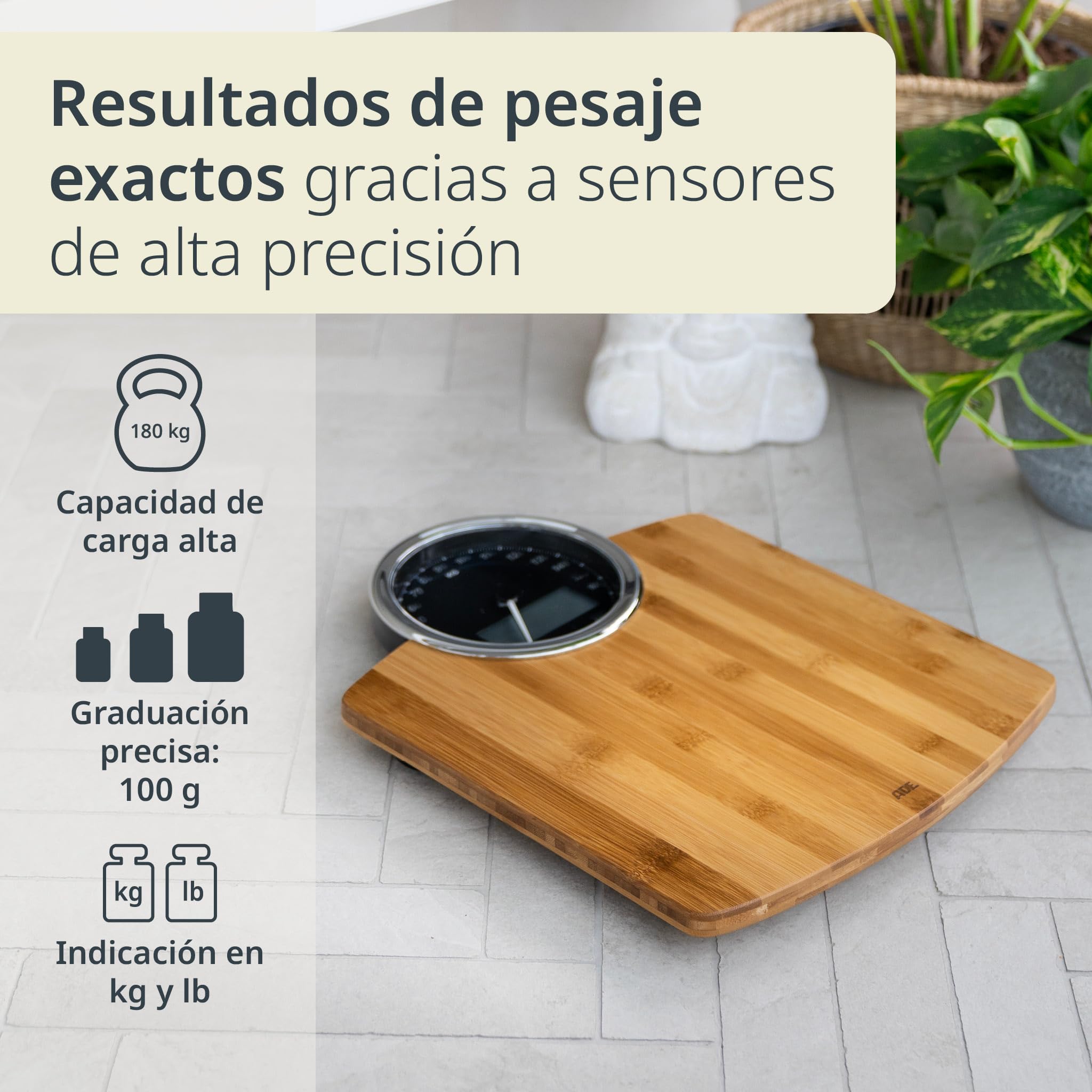 ADE Báscula corporal digital con pantalla analógica | gran pantalla | resultados muy precisos hasta 180 kg | superficie de pesaje de auténtica madera de bambú