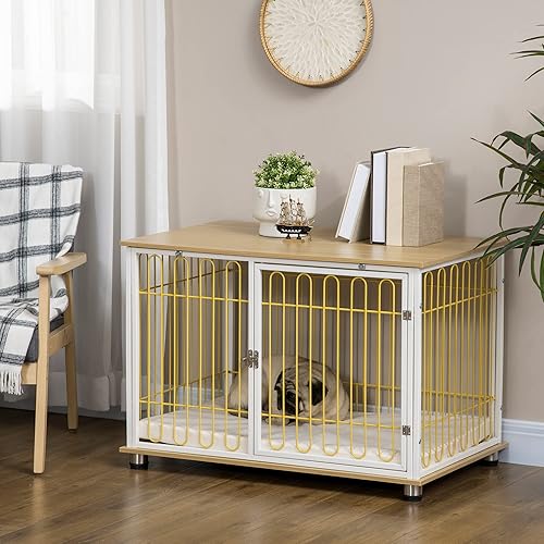 Miniatura 2 de PawHut Mesa auxiliar moderna de jaula mediana para perros con cojín suave cama de madera para perros muebles de interior para perrera con funda de
