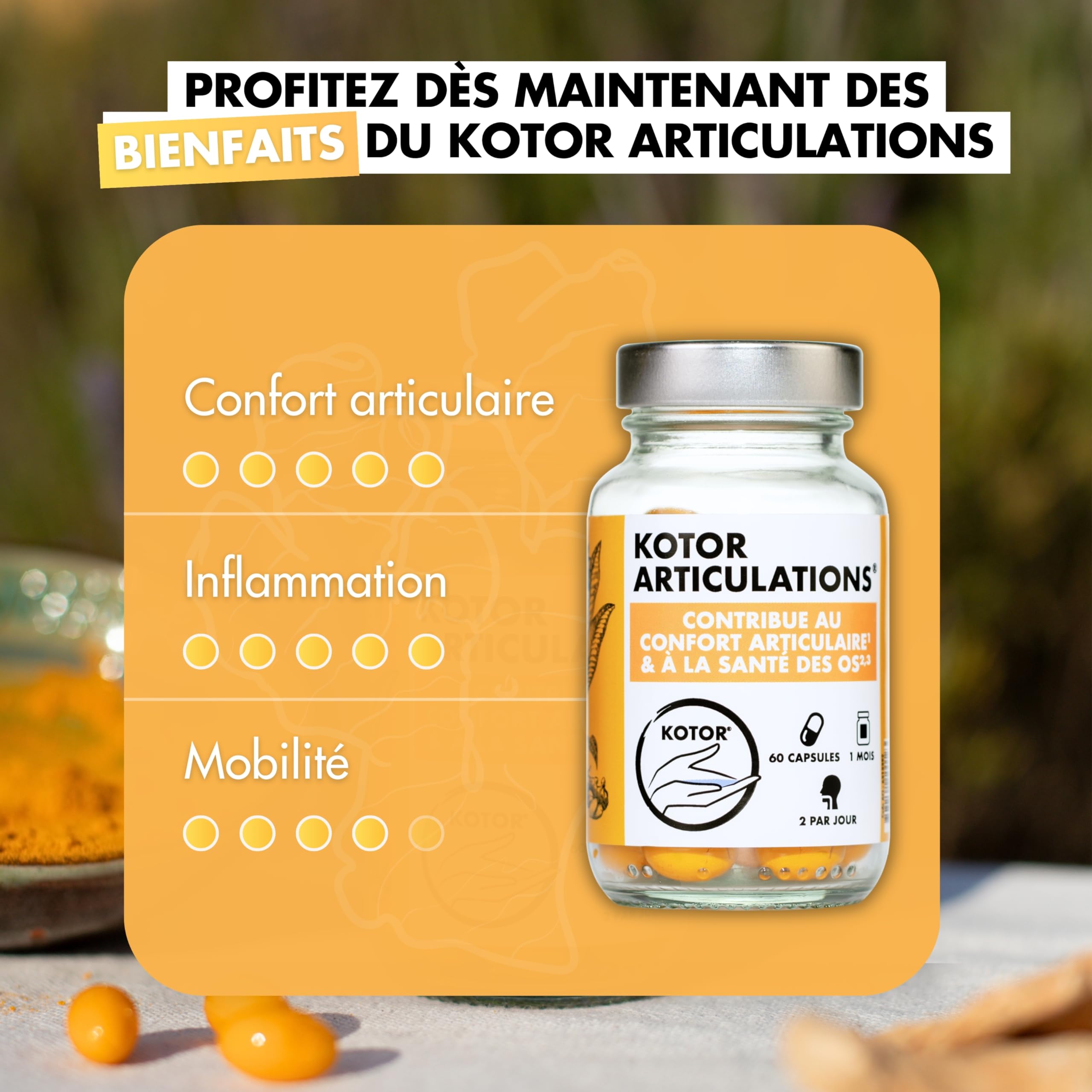 KOTOR ARTICULATIONS | Soulage les Douleurs Articulaires | Santé des Cartilages | Curcuma + Gingembre + Omega 3 + Vitamines C & E + Manganèse | 60 Capsules | 1 Mois | Produit en France