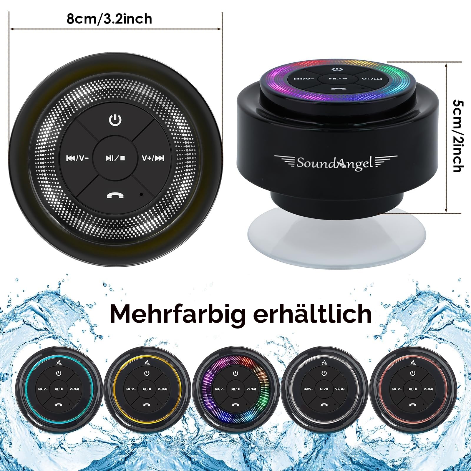 Xleader Mate Dusche Bluetooth Lautsprecher klein, Zertifiziert IPX7 Wasserdicht Bluetoothbox, Mini Music Box Lautsprecher Mit Licht, Saugnapf und Mikrofon, Kristall Sound und Bass, Musikbox Geschenk