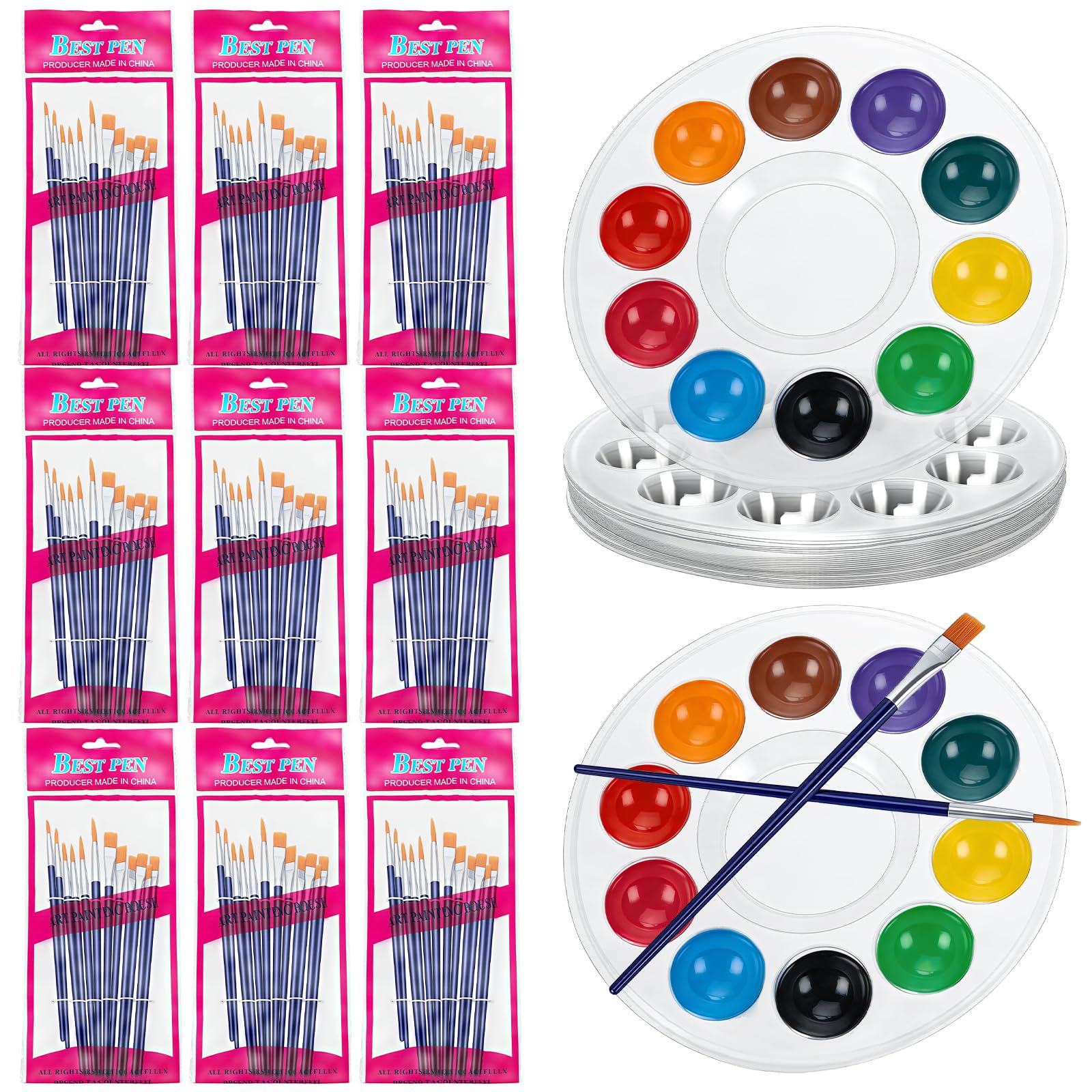 Juego de 312 pinceles de pintura, 24 paletas de pintura con 10 pozos, 288 pinceles pequeños (planos/redondos), cabezal de pincel de nailon, adecuado para acuarela, pintura artesanal
