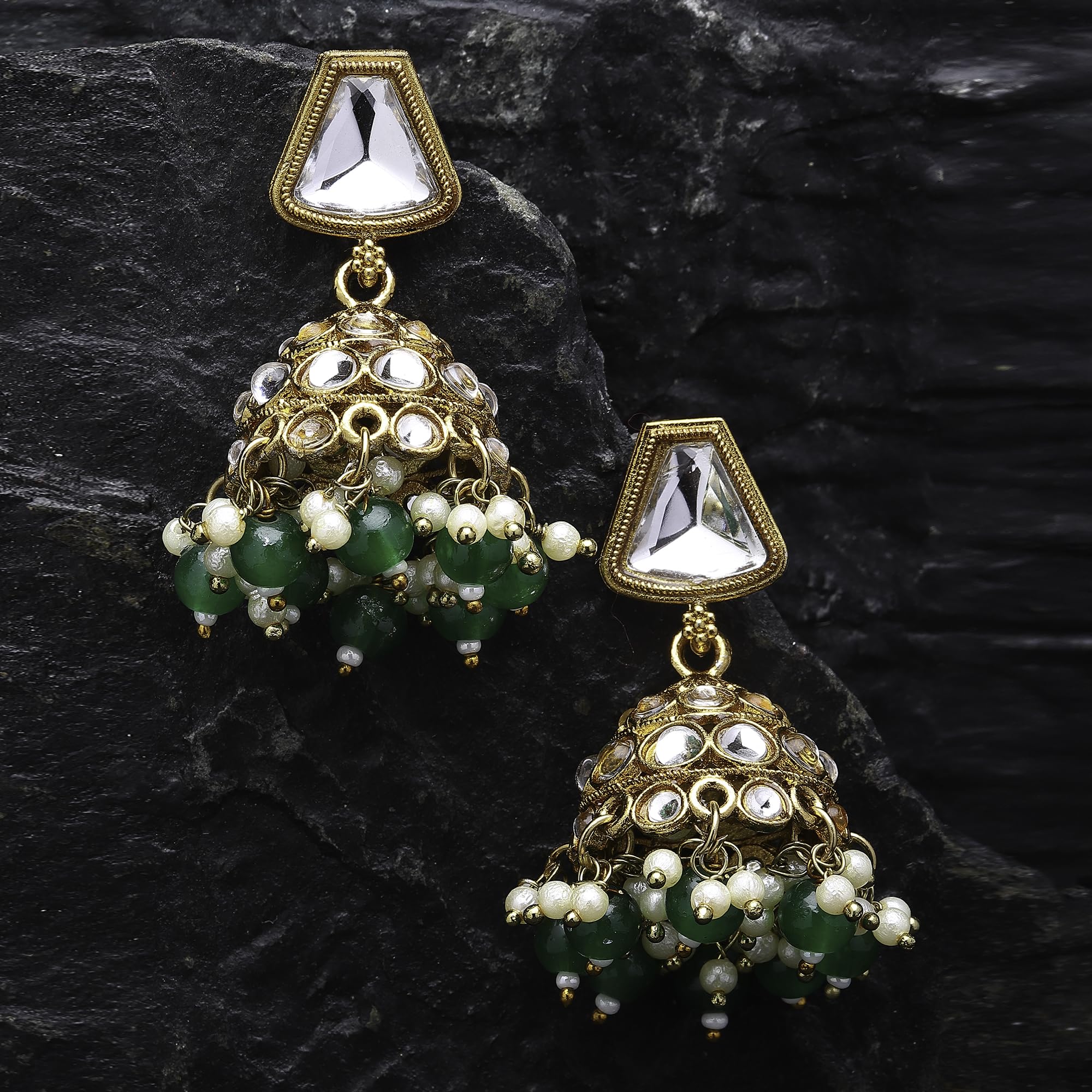 Gold-Plated Kundan & Pearls Dome Mirror Jhumka Earrings