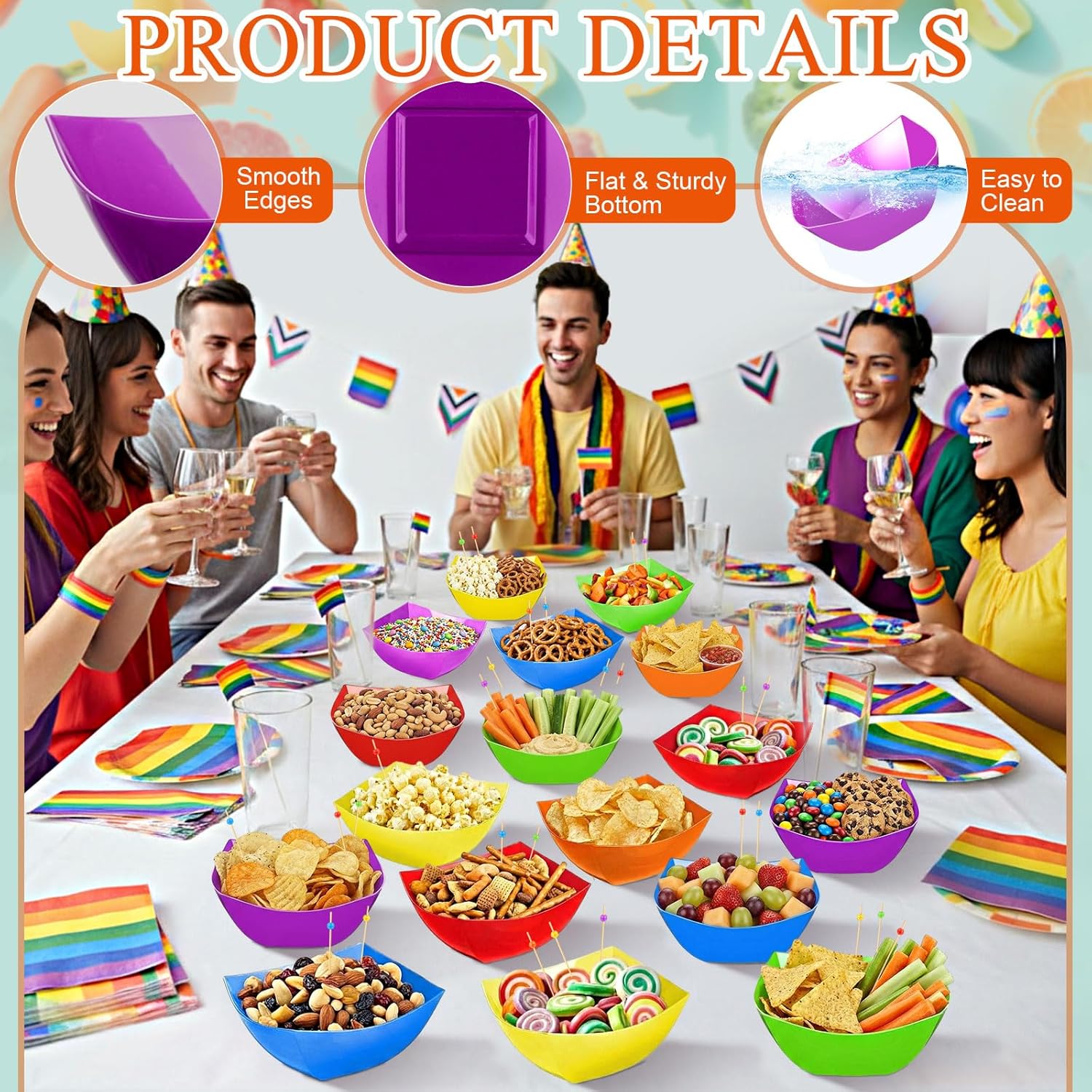 Newtay 120 Pcs Square Plastic Serving Bowl with Food Pick Disposable Snack Salad Buffet Bowl Party Candy Chip Dish Fruit Dishes Bar Containers Dessert Bowls Party Supplies (8 oz,Rainbow)