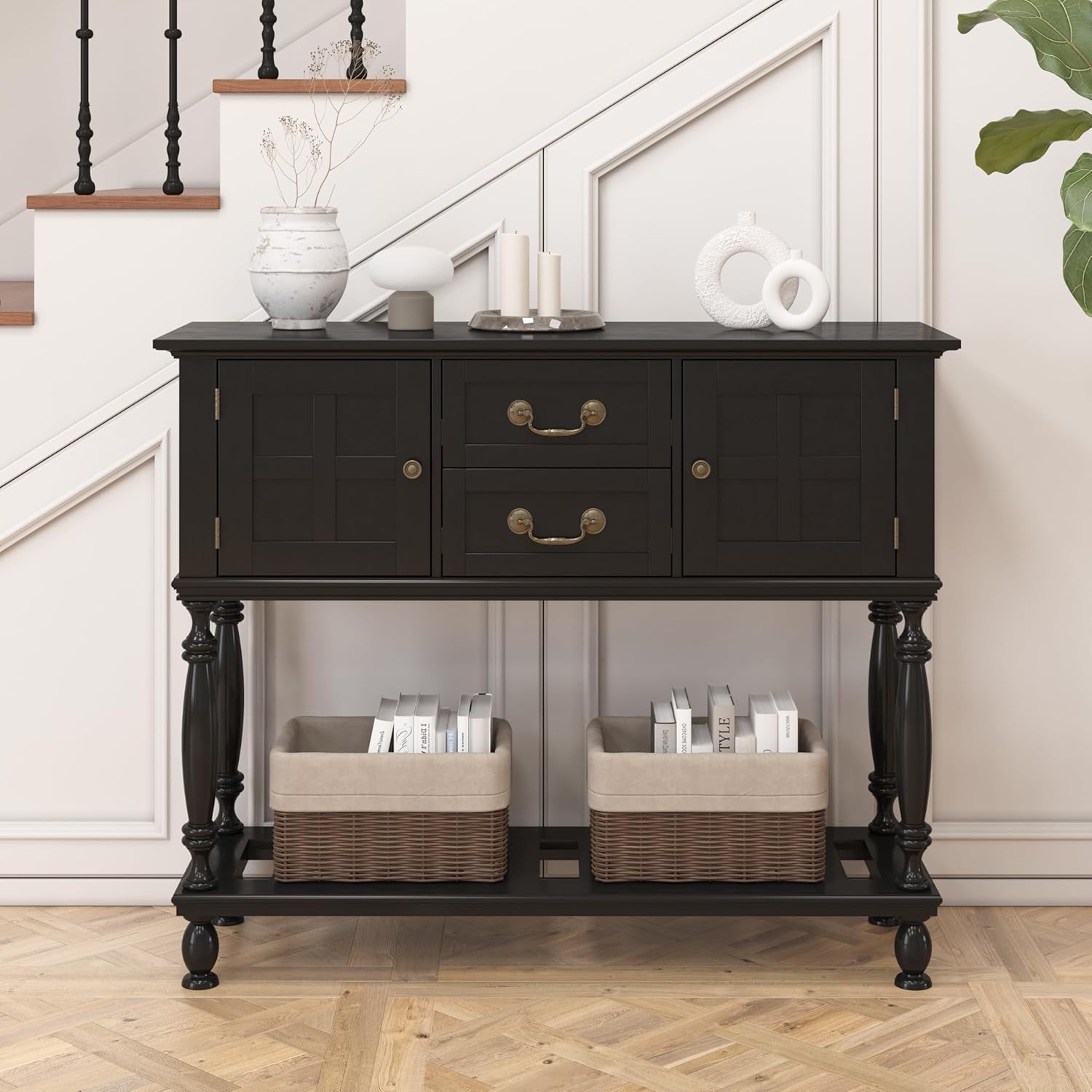 Farmhouse Console Table with 2 Drawers and 2 Cabinets, Sofa Table with Open Storage Shelf, Vintage Entryway Table for Entryway, Living Room, Hallway, Foyer