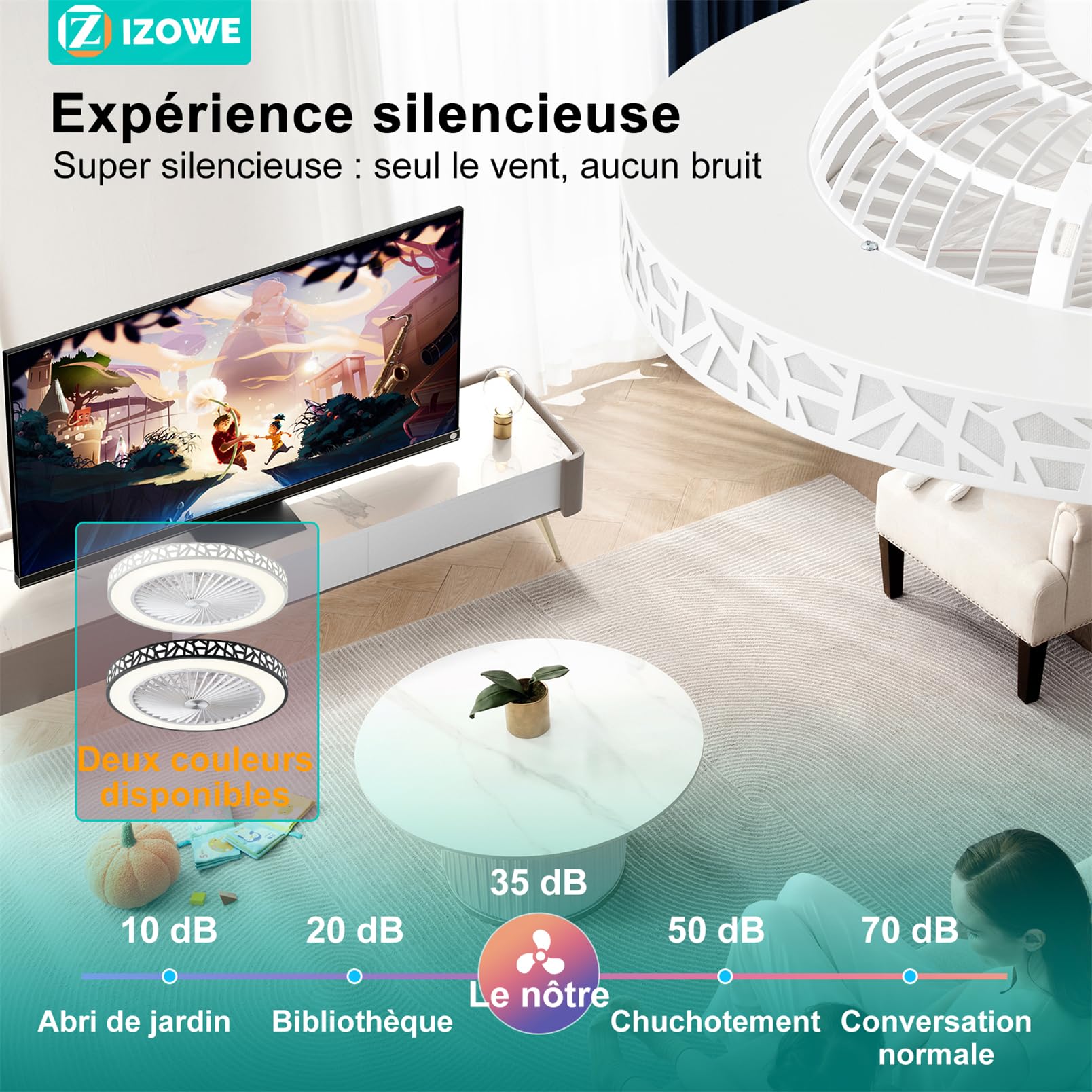 Ventilateur Plafond Moderne 48cm, Plafonnier Ventilateur avec Lumière LED Dimmable 3 Couleur 40W, 6 Vitesses Réversible Ventilateur de Plafond avec Télécommande Intelligent Timer, Chambre Salon