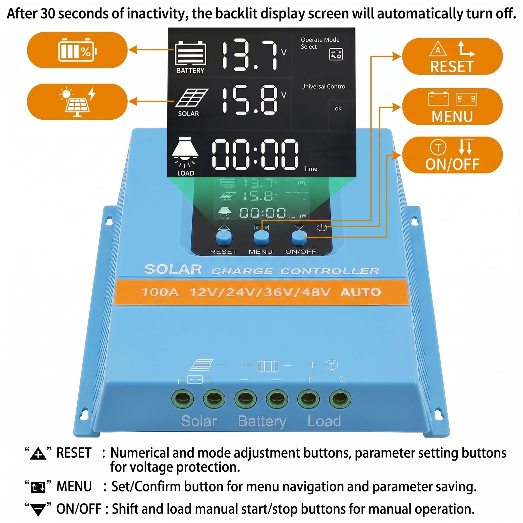 Regulador Solar 100A MPPT/PWM Híbrido | Detección Automática 12V/24V/36V/48V | Pantalla LCD & Dual USB | Para Baterías de Litio (LiFePO4) y Plomo | Ideal para Autocaravana, Casa y Huerto