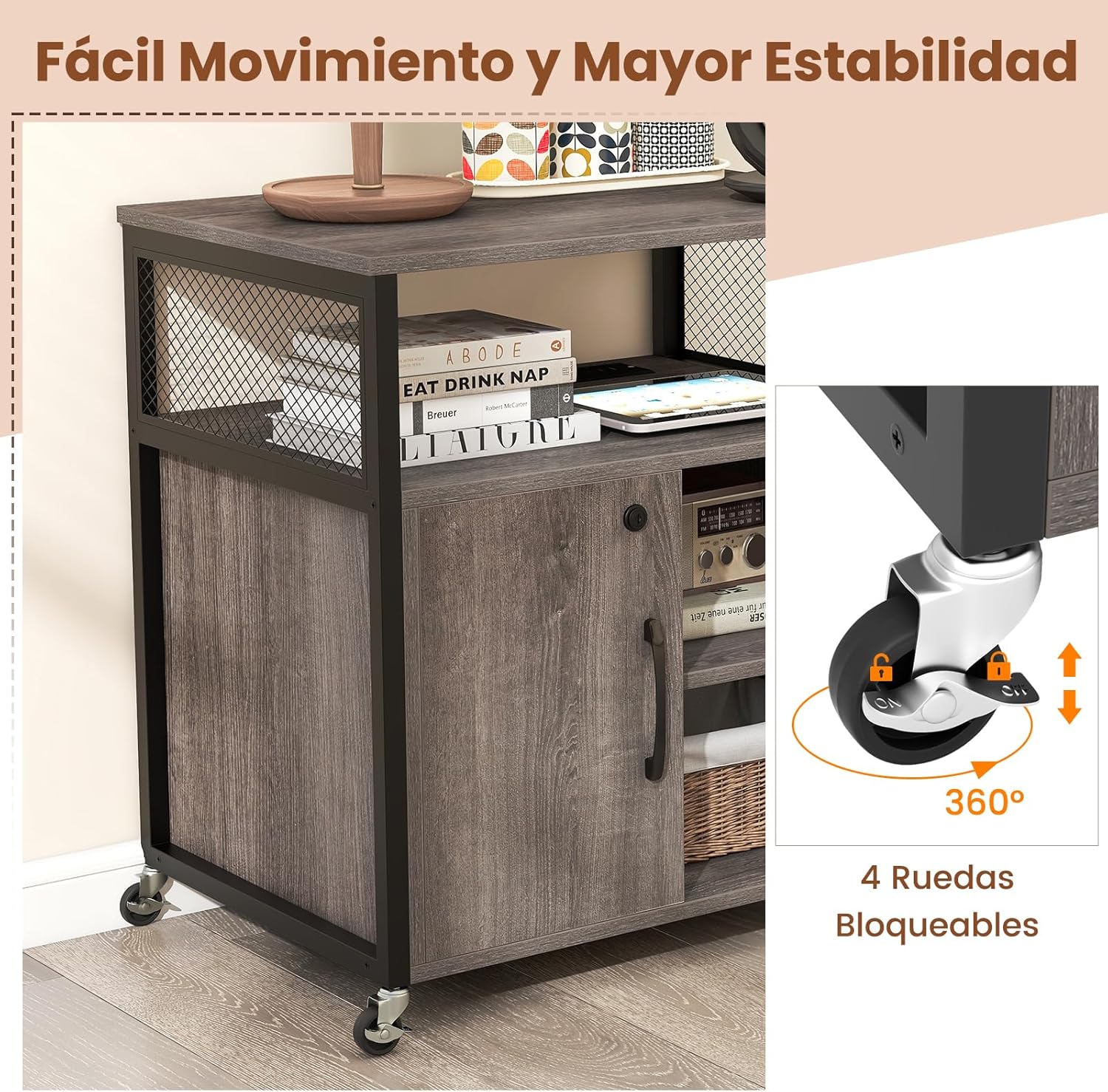 Close-up of the 360-degree lockable wheels on the GIANTEX filing cabinet, demonstrating easy movement and stability.