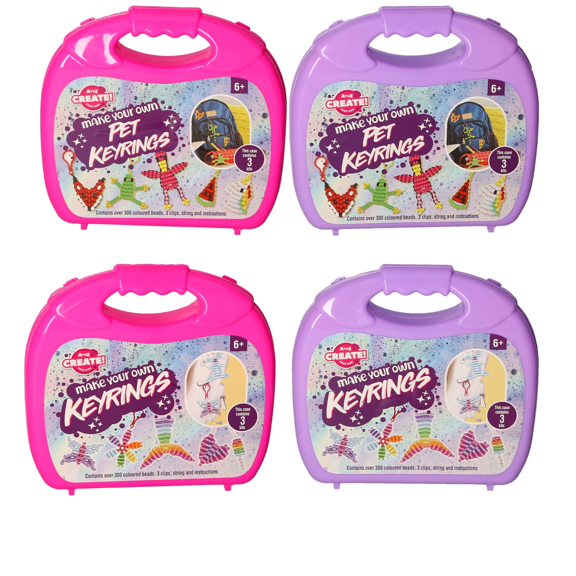 AtoZ Create! Make Your Own Pet Keyrings Craft Kit, Over 300 Coloured Beads, 3 Clips, String and Instructions, Ages 6+