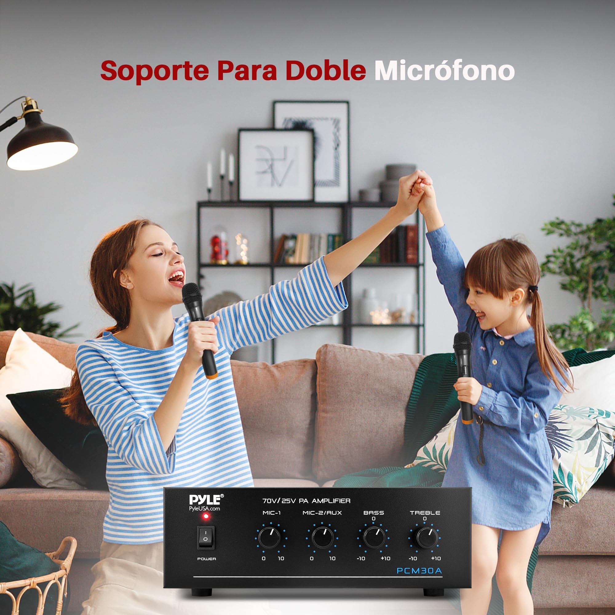 Pyle mini amplificador de potencia, Compacto, Estereo, Potencia maxima de 60V, RCA, 2 entradas de microfono, Salidas de 25/70 V, LED, Selector de entrada para PA