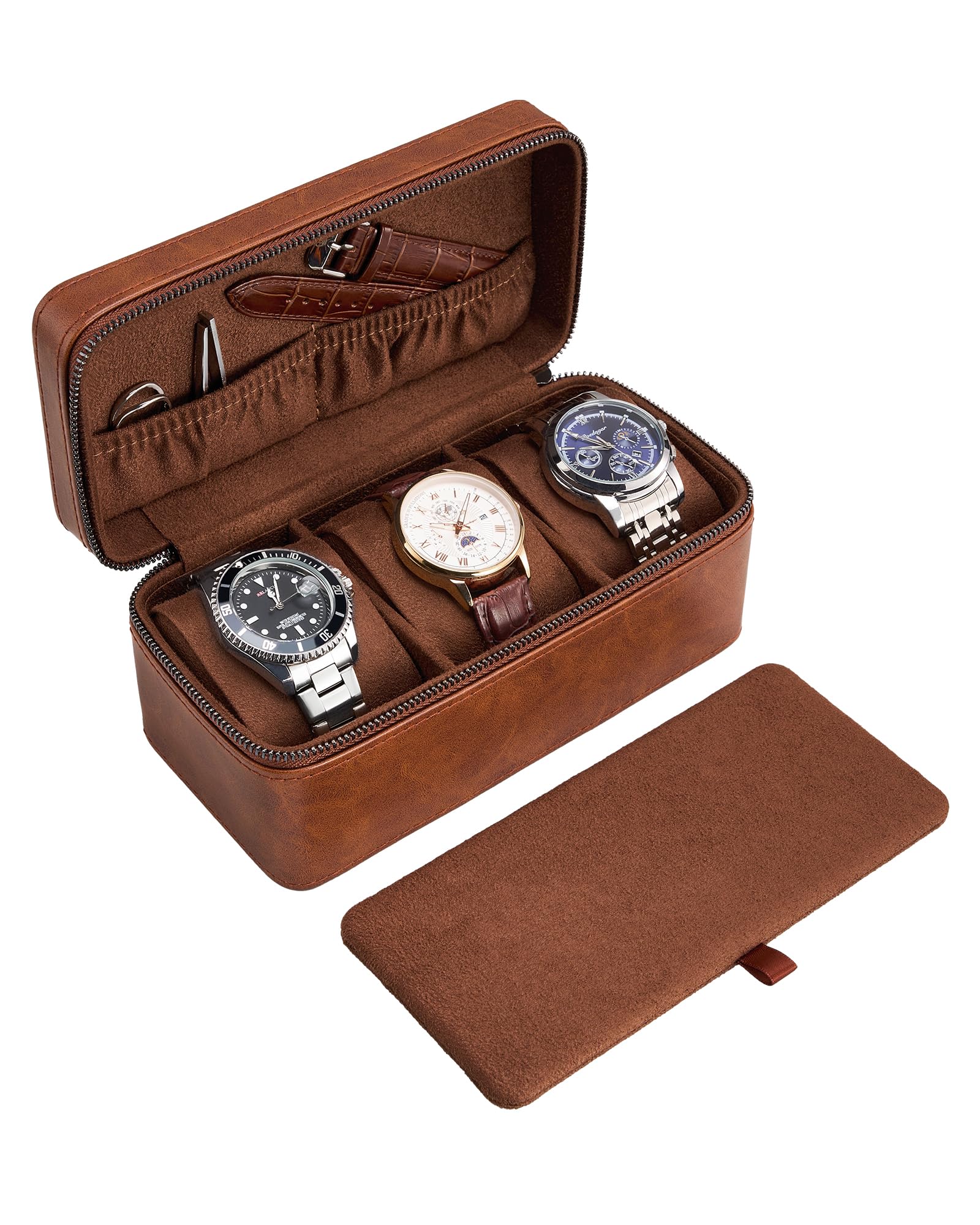 ProCase 3-Slot Watch Travel Case for Men, Portable Watch Holder -Brown | PU Leather, Compact Small Travel Carrying Box, Storage Case for Luxury Watches & Smartwatches with Jewelry Compartment