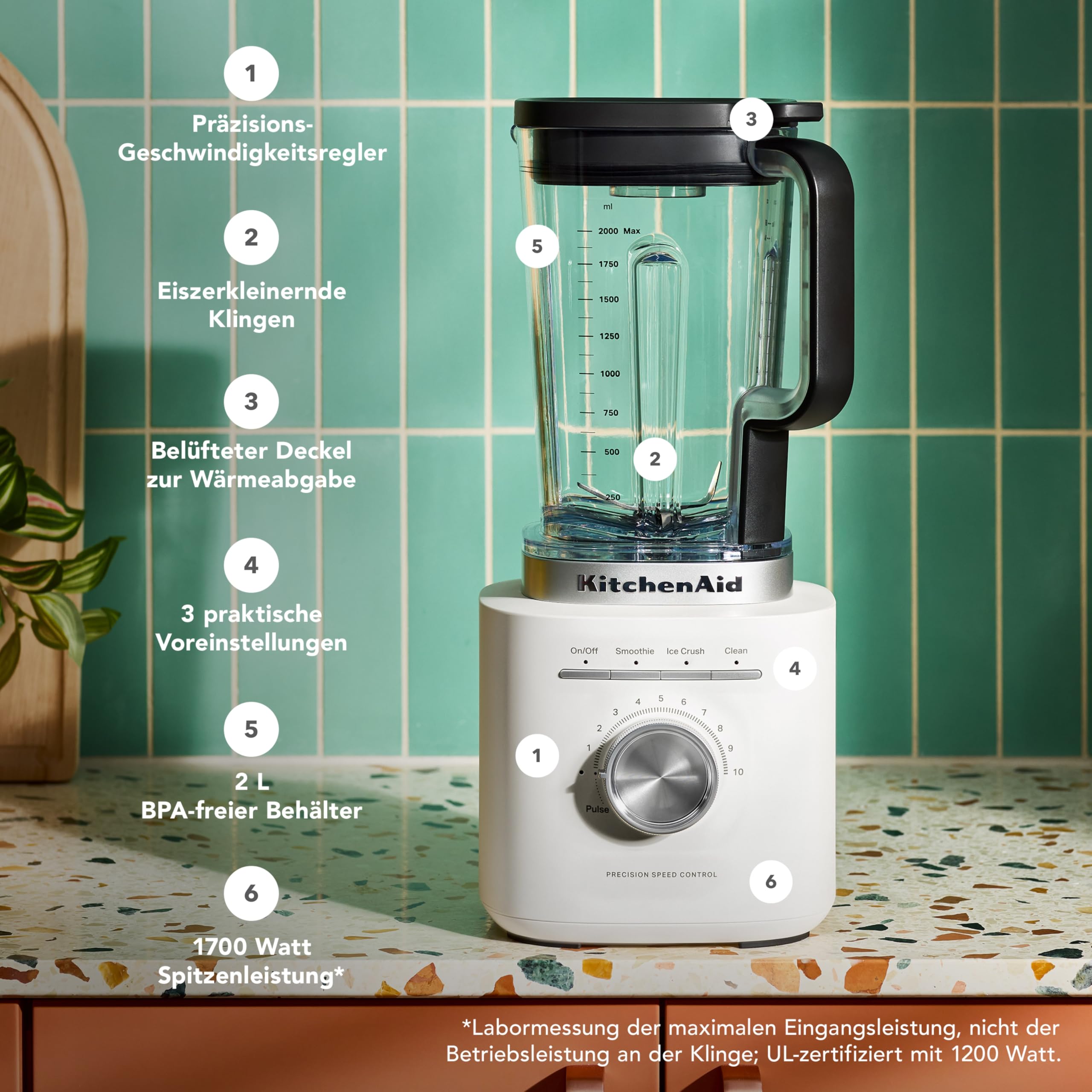 KitchenAid Pure Power Standmixer, 2L BPA-Freier Behälter, 10 Geschwindigkeiten, Eis- & Smoothie-Programm, Asymmetrische Edelstahlklingen, Druckguss-Metallbasis, Porzellanweiß