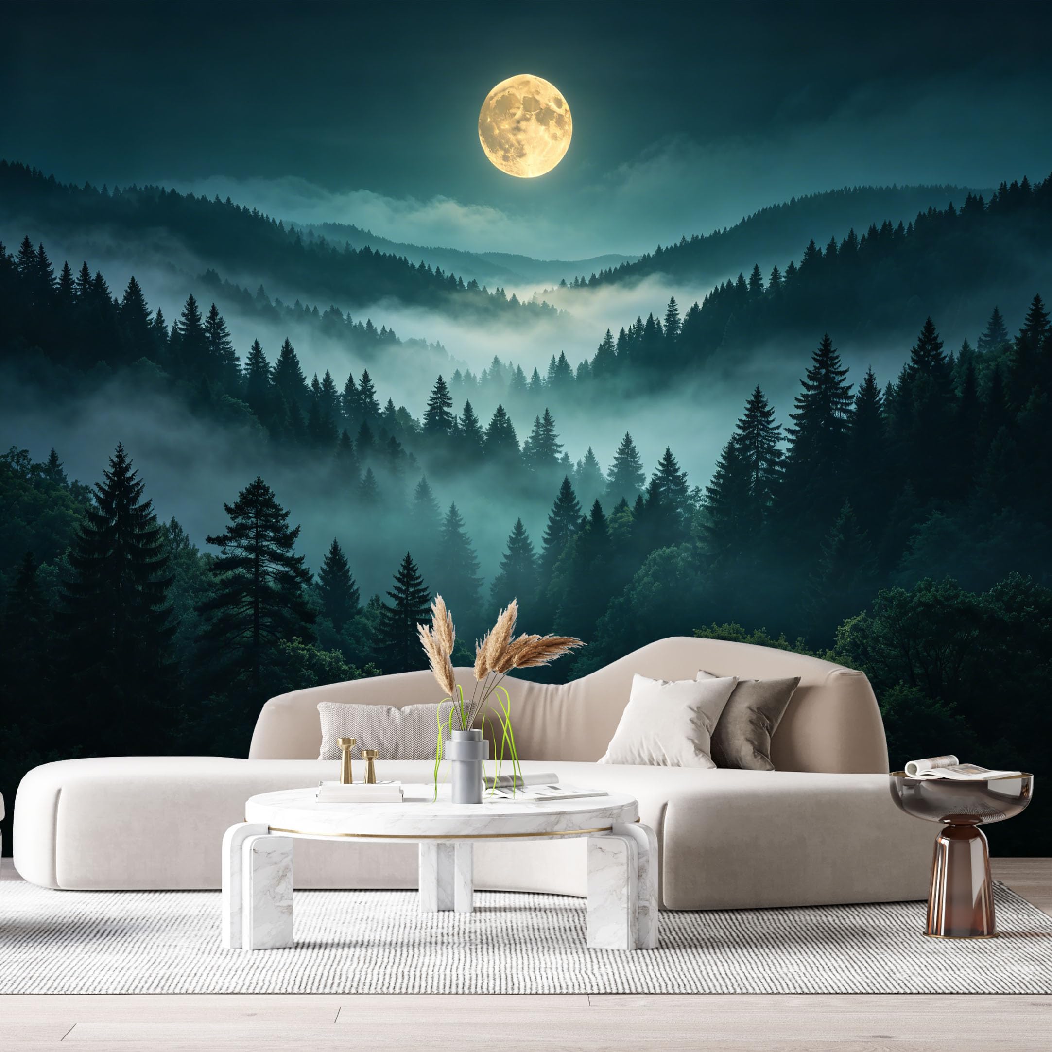 Custom Size Wall Murals Moonlit Forest Landscape Misty Mountains Night Sky SelfAdhesive Wall Fabric Removable Large Wallpaper for Photo Living Room