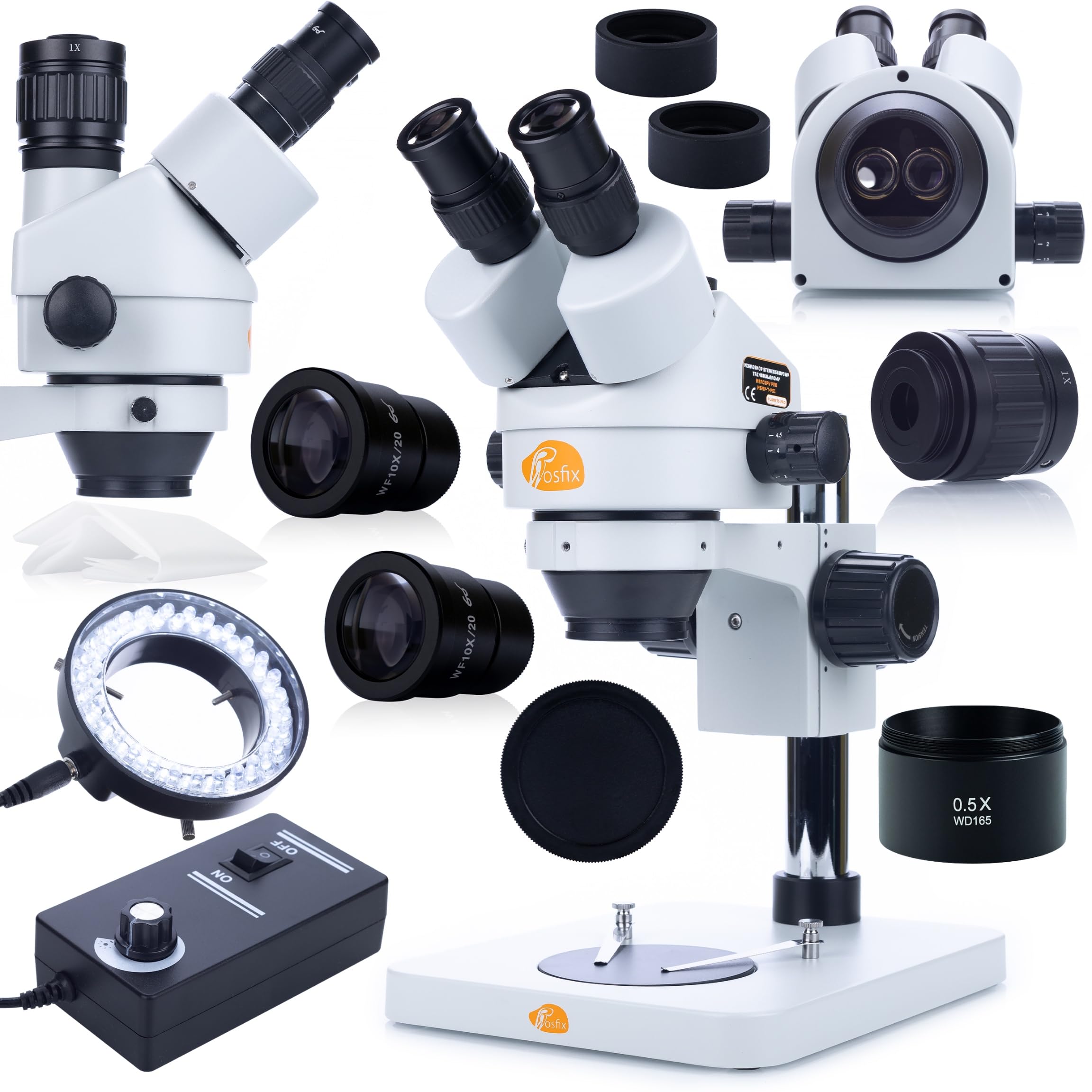Rosfix Mercury Pro MSMP-T-PS1 - Microscopio estereoscópico trinocular | Zoom 7x 45x | Anillo de luz LED 56x | Lente Barlow 0,5X | Óptica precisa