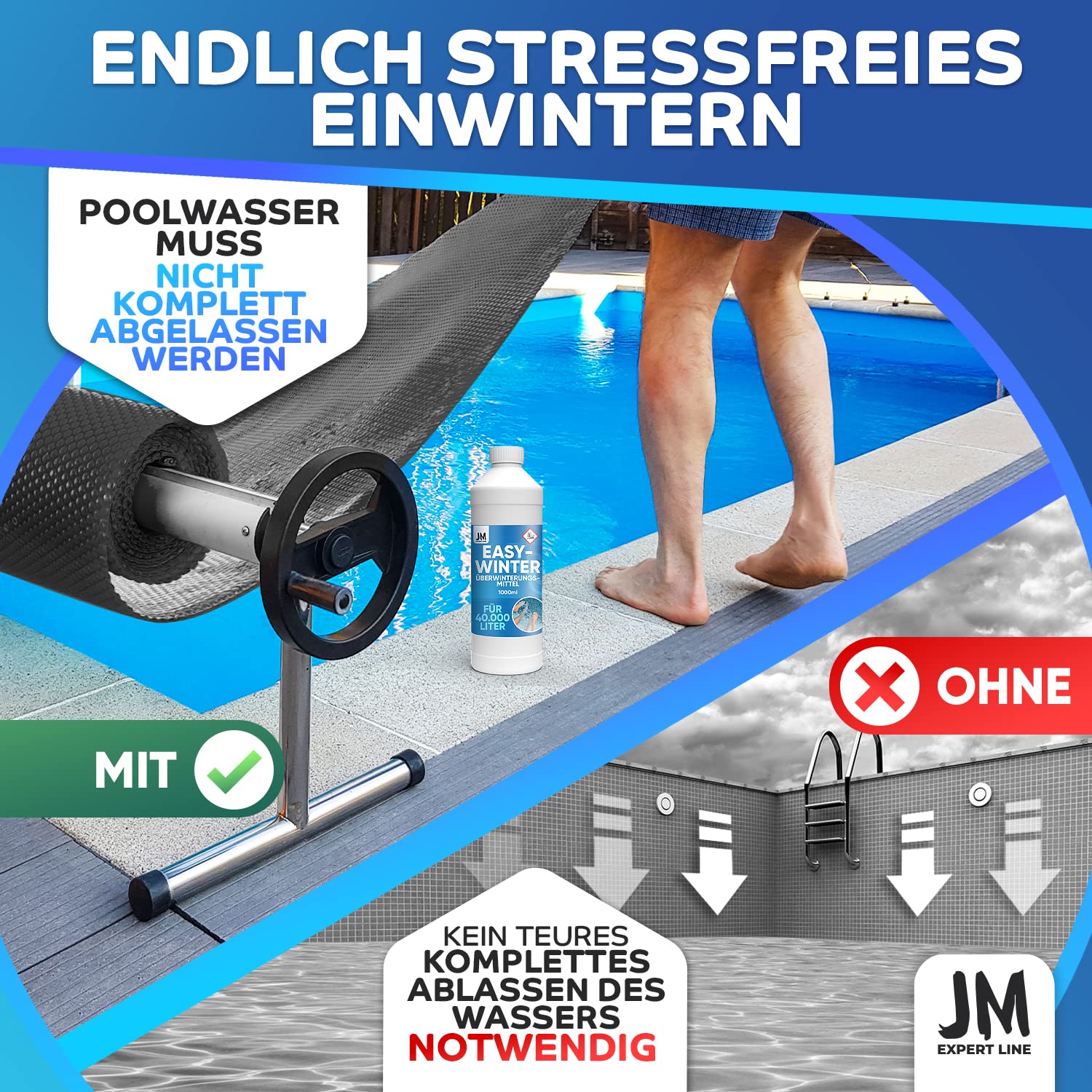*NEU* JM Expert Line EasyWinter I Profi Pool Wintermittel [1L] für 40m³ Poolwasser I Überwinterungsmittel für Pools ohne Ablassen I Wintermittel für Pool mit Polyprotect-Formel