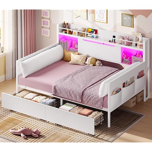 BTHFST Twin Daybed with 2 Storage Drawers & Bookshelf, Day Bed with 2 Pillows & Charging Station & LED Lights, Corner Bed Frame with Headboard for Living Room, Bedroom, Guest Room, White
